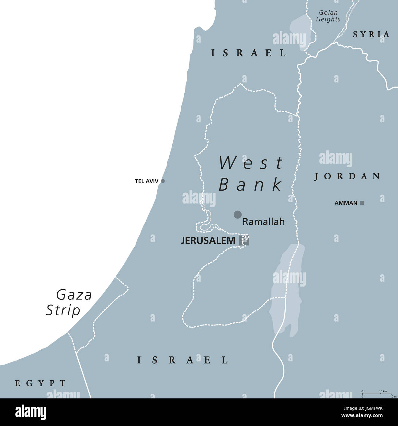 Cisgiordania e Striscia di Gaza mappa politico con capitale Ramallah. Stato di Palestina con designata capitale Gerusalemme est. Illustrazione di grigio. Foto Stock