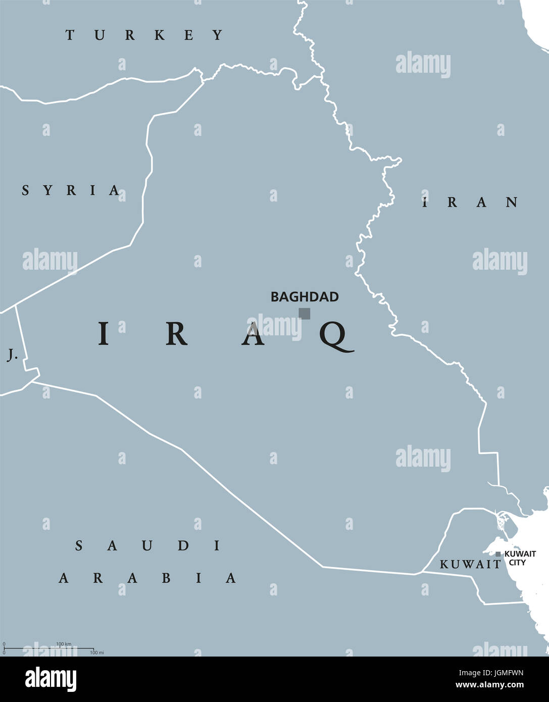 Iraq mappa politico con capitale Baghdad. Repubblica e paese arabo in Medio Oriente, Asia occidentale e sul Golfo Persico. Illustrazione di grigio. Foto Stock