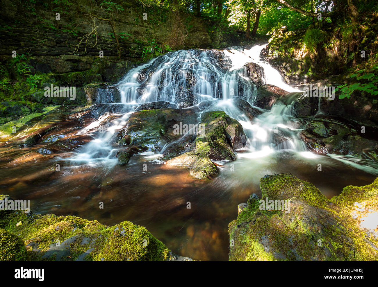 La Fata cade in Trefriw, Snowdonia, il Galles del Nord prese nel luglio 2017. Una lunga esposizione è stata utilizzata per catturare il movimento dell'acqua. Foto Stock