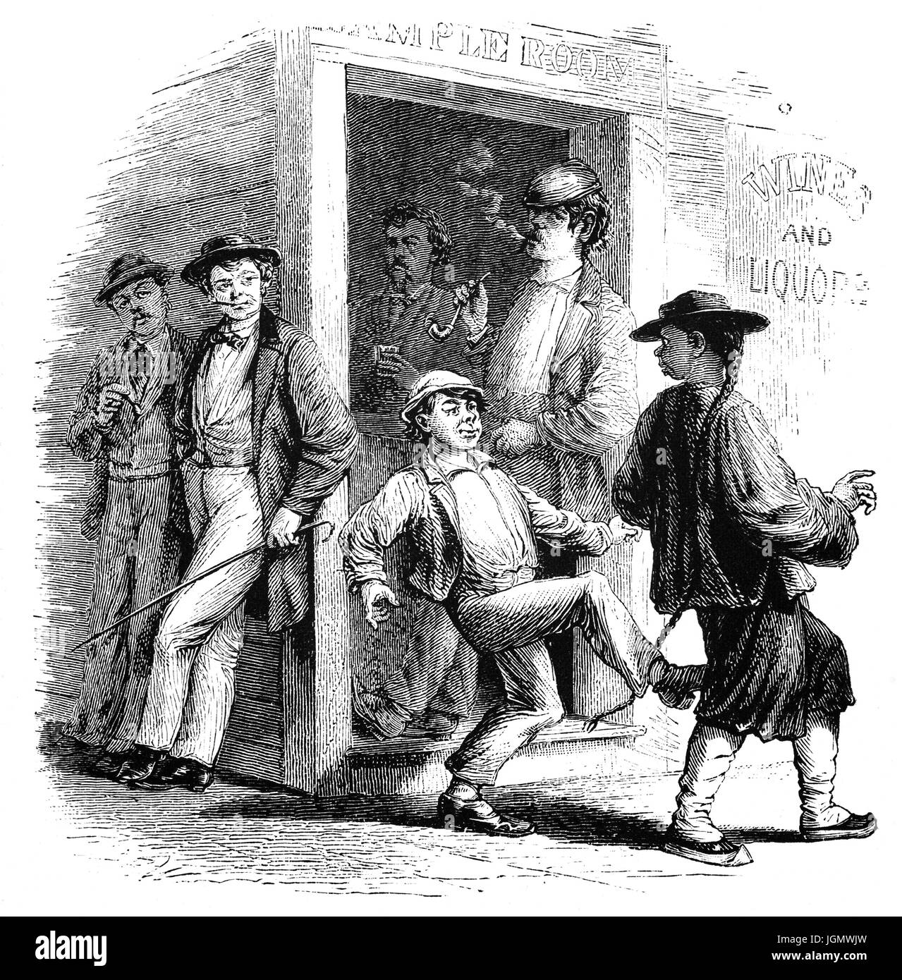 1879: Un Hoodlum terrorizzando un emigrante cinese a San Francisco, California, Stati Uniti d'America Foto Stock