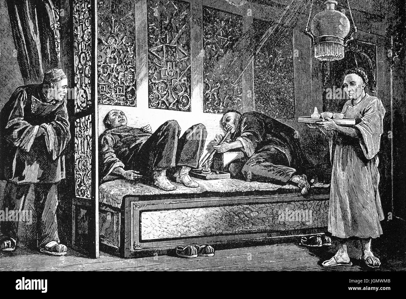 1879: Cinese i fumatori di oppio in un palazzo di oppio o Den, China Town, San Francisco, California, Stati Uniti d'America Foto Stock