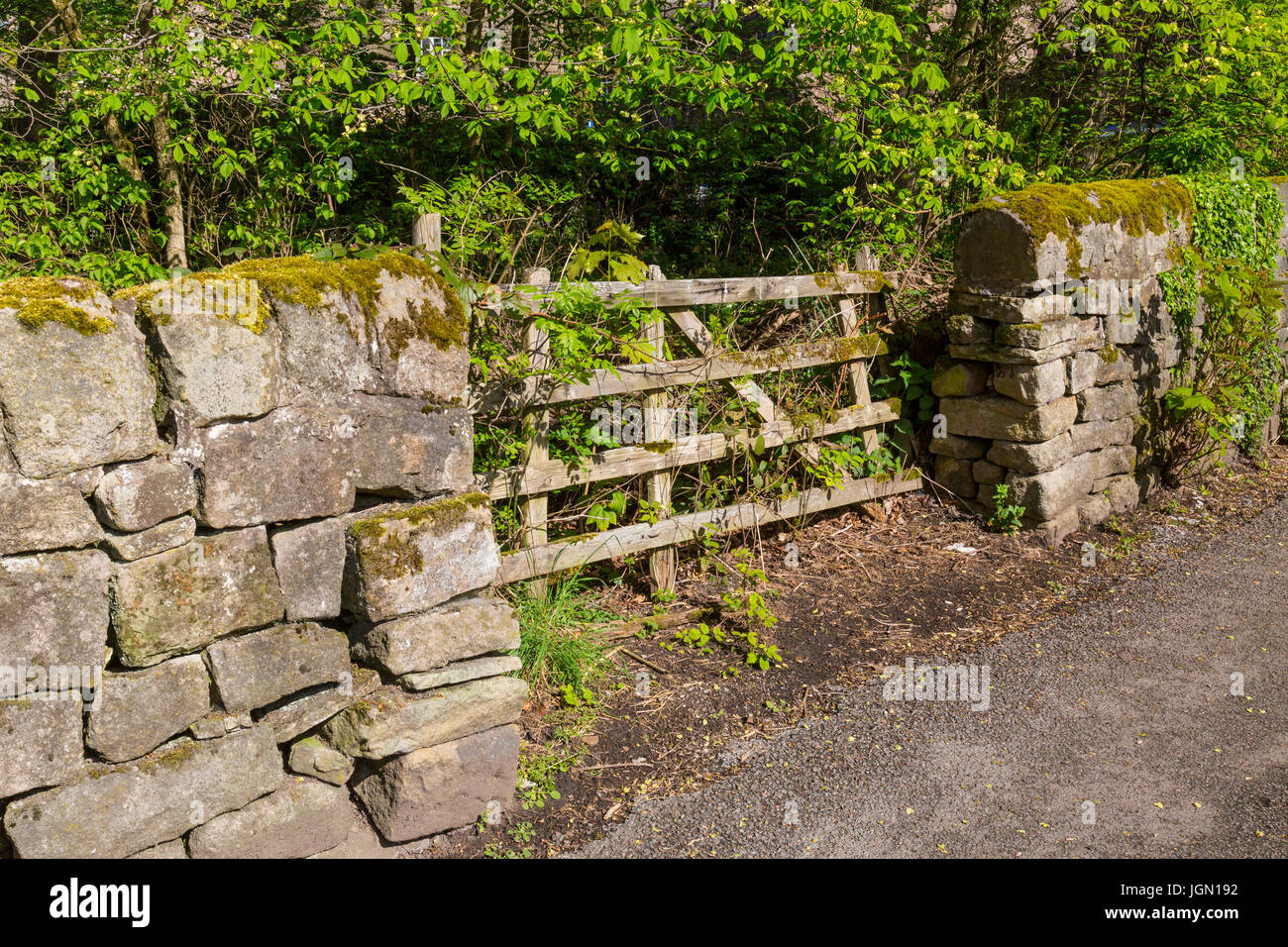 Un gate abbandonati in Mill Lane, Hathersage, Peak District, Derbyshire, England, Regno Unito Foto Stock