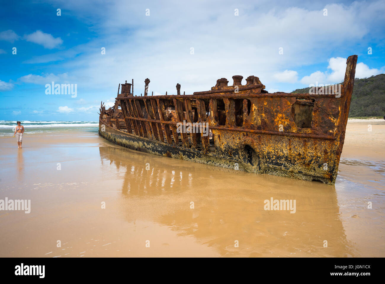 Il Relitto della nave Maheno, l'Isola di Fraser, Sito Patrimonio Mondiale dell'UNESCO, Queensland, Australia. Foto Stock