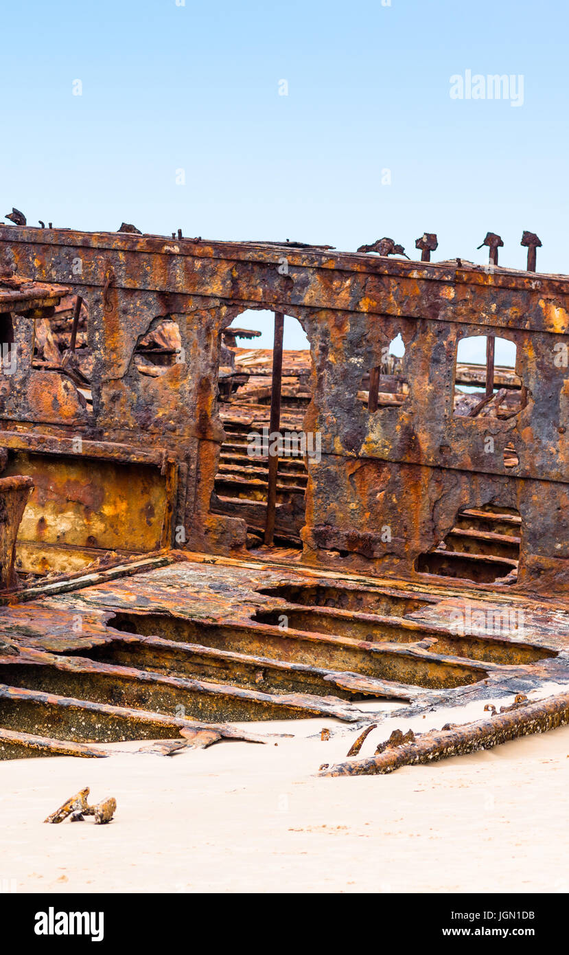 Il Relitto della nave Maheno, l'Isola di Fraser, Sito Patrimonio Mondiale dell'UNESCO, Queensland, Australia. Foto Stock