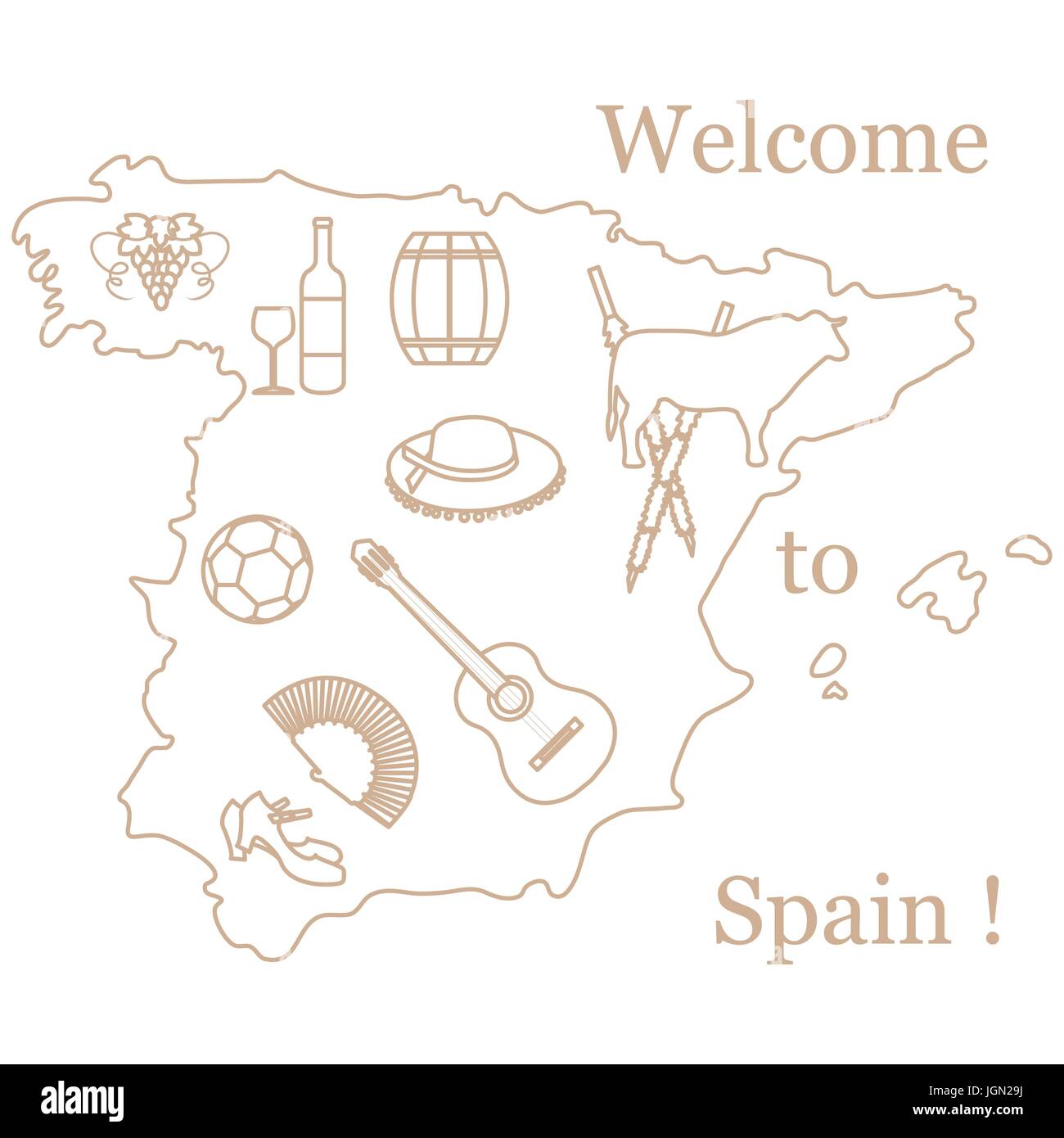 Illustrazione Vettoriale con vari simboli della Spagna. Viaggi e tempo libero. Design per banner, poster o di stampa. Illustrazione Vettoriale