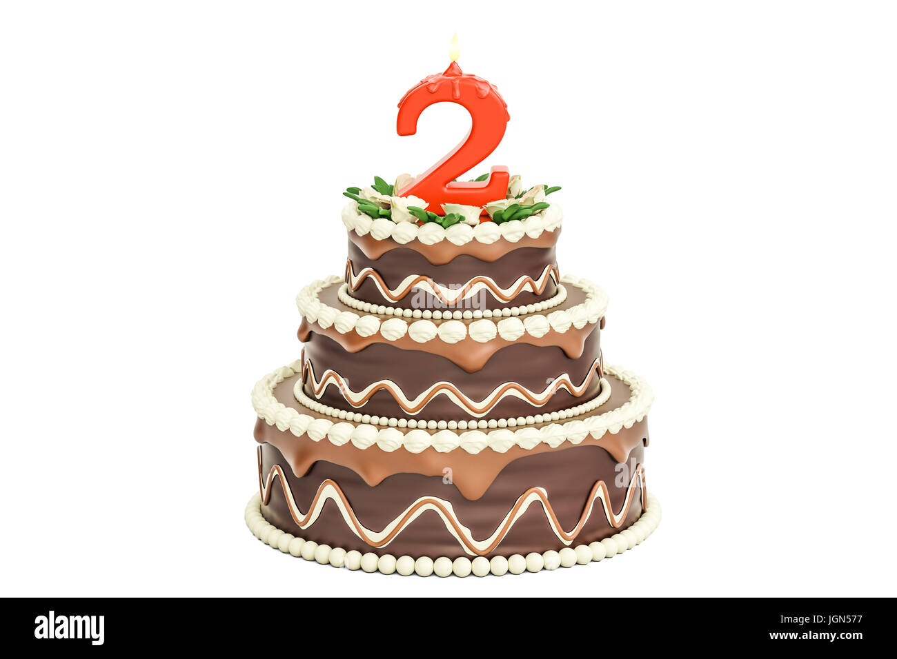Cioccolato torta di compleanno con candela numero 2, 3D rendering isolati su sfondo bianco Foto Stock