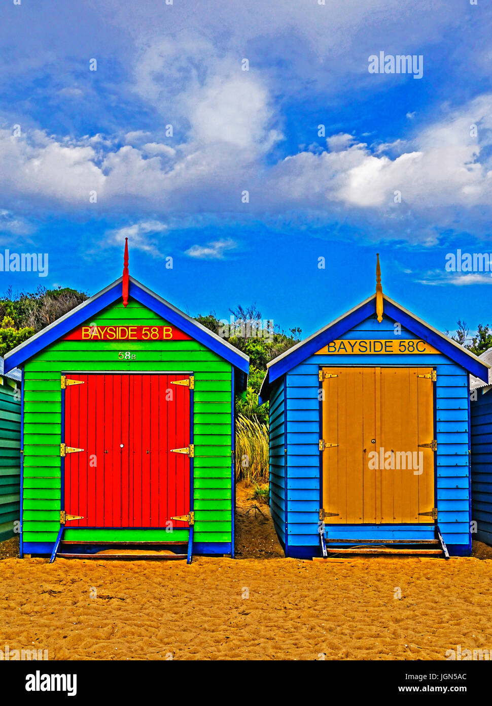 Scatole di spiaggia a Melbourne per il Medio Spiaggia di Brighton. - Foto digitale arte pittura Foto Stock