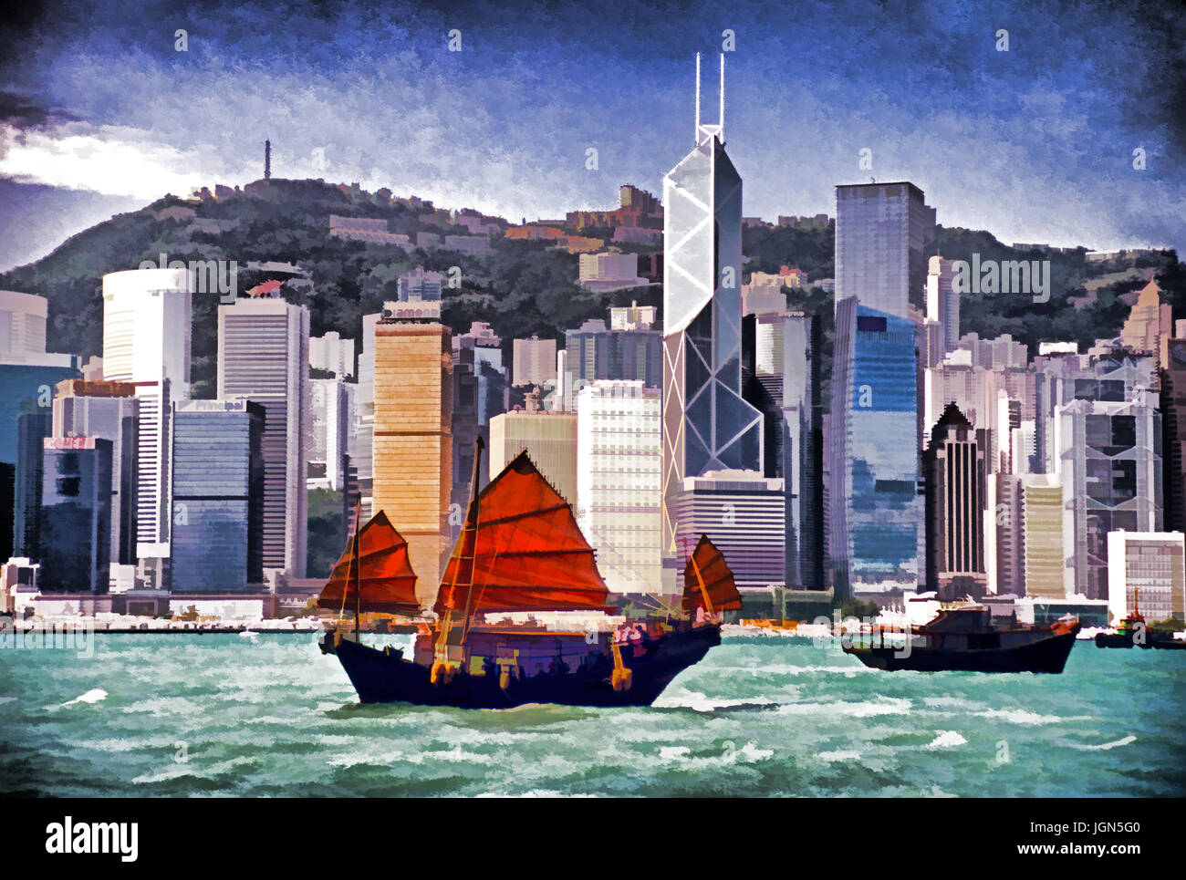Skyline di Hong Kong con tourist junk Duk Ling. - Foto digitale arte pittura Foto Stock