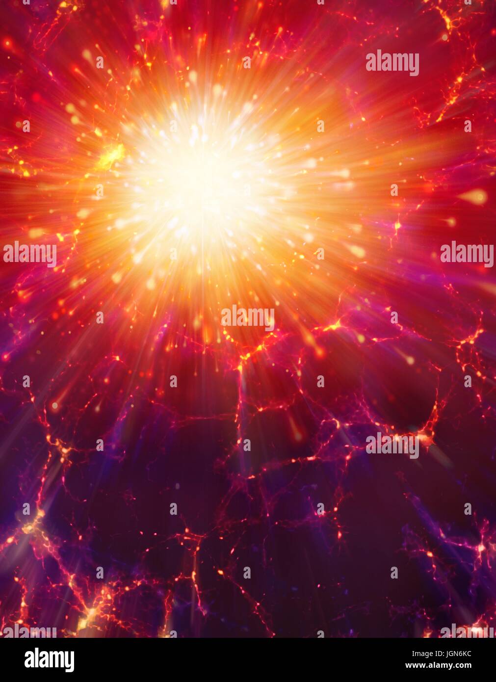 Big Bang, immagine concettuale. Illustrazione del computer che rappresenta l'origine dell'universo. Il termine Big Bang descrive la prima espansione di tutta la materia nell'universo da un infinitamente stato compatto 13,7 miliardi di anni fa. Le condizioni iniziali non sono noti, ma meno di un secondo dopo l'inizio, le temperature erano di trilioni di gradi Celsius e l'universo primordiale era molto più piccola di un atomo. Essa è stata l'espansione ed il raffreddamento fin. La materia formata e raggruppata in galassie che sono osservati da un movimento di allontanamento reciproco. Foto Stock