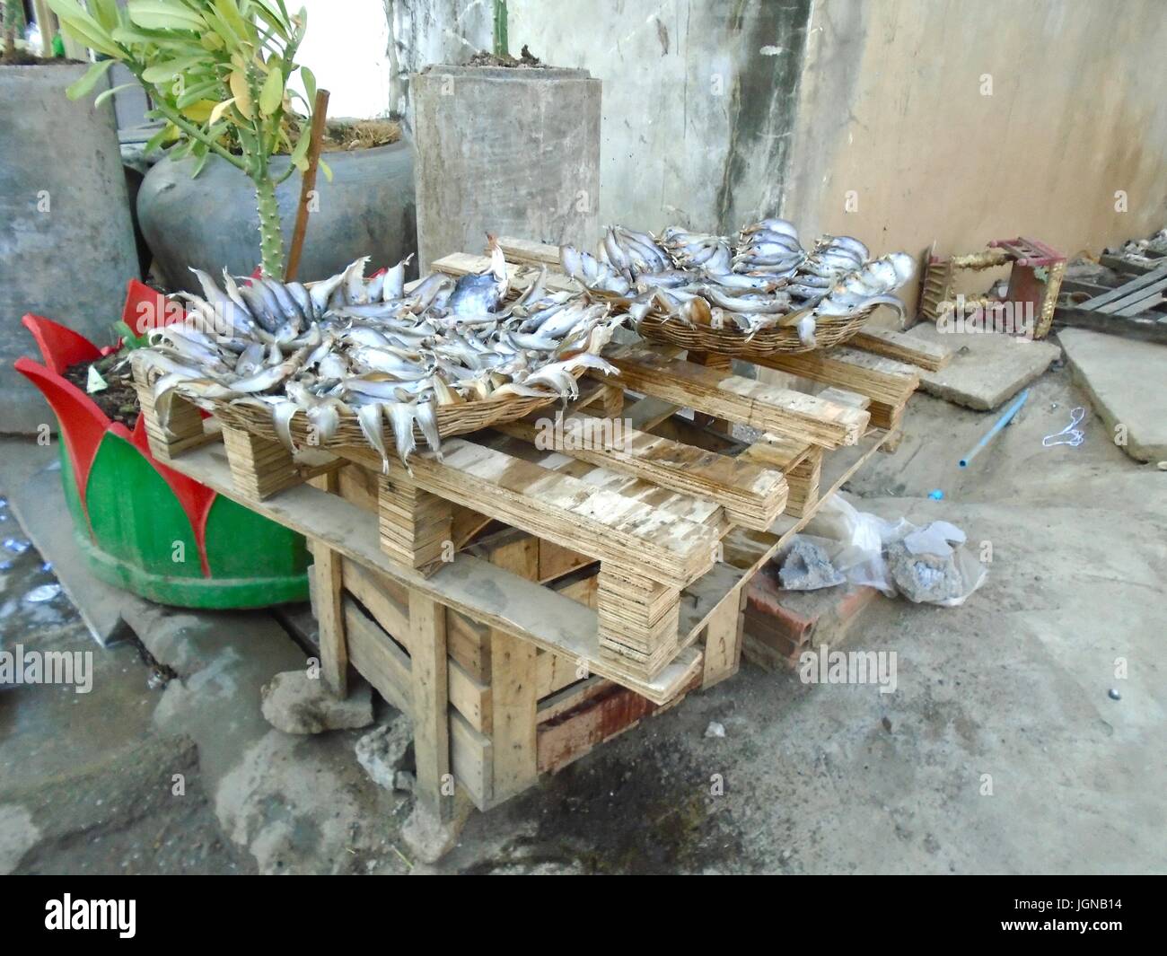 Mercato del pesce con le palette di legno al mercato aperto, Poipet Cambogia decrepito impoverita cittadina della Thailandia linea di confine Foto Stock