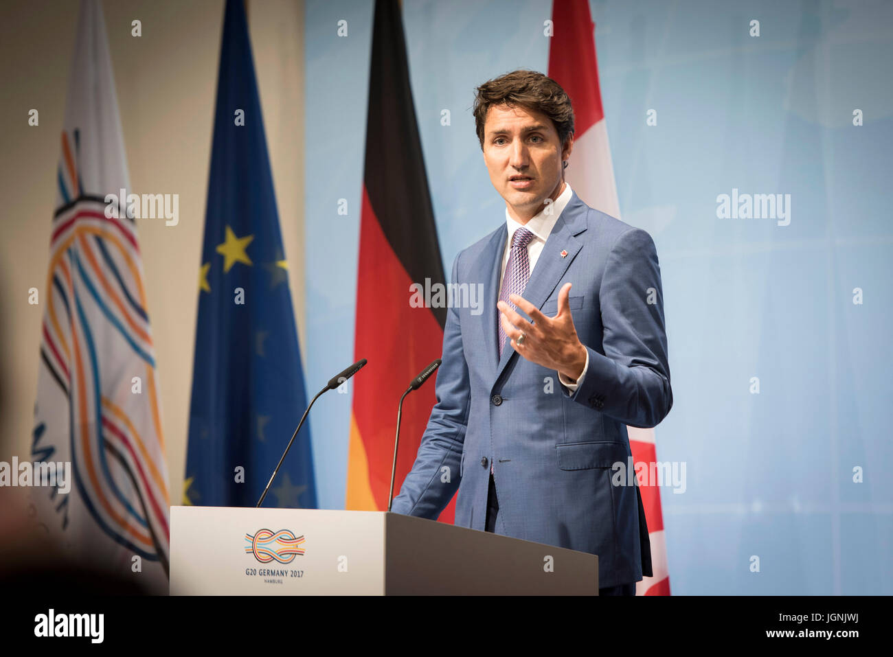 Il primo ministro canadese Justin Trudeau durante una conferenza stampa al termine della due giorni di vertice G20 incontro dei leader mondiali Luglio 8, 2017 ad Amburgo, in Germania. (Bundesregierung/Bergmann via Planetpix) Foto Stock