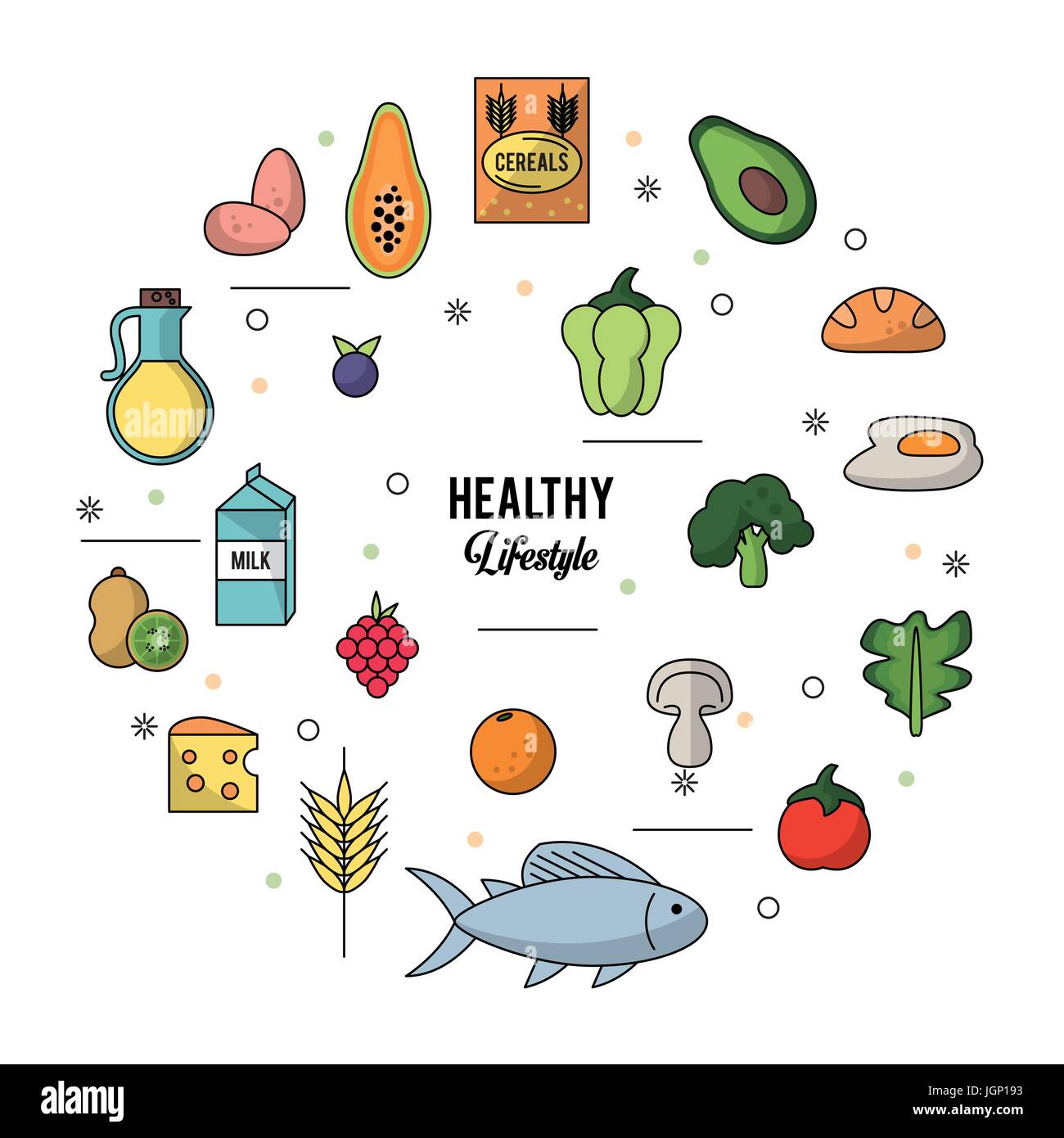 Sfondo bianco di uno stile di vita sano con colorati set di alimenti Illustrazione Vettoriale