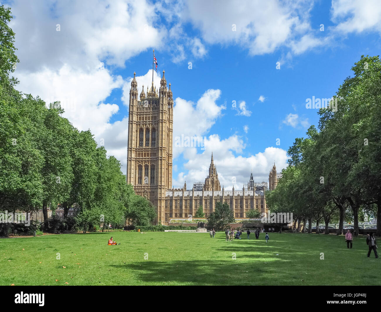 Palazzo di Westminster, vista dalla torre di Victoria Gardens, Londra, estate 2016 Foto Stock