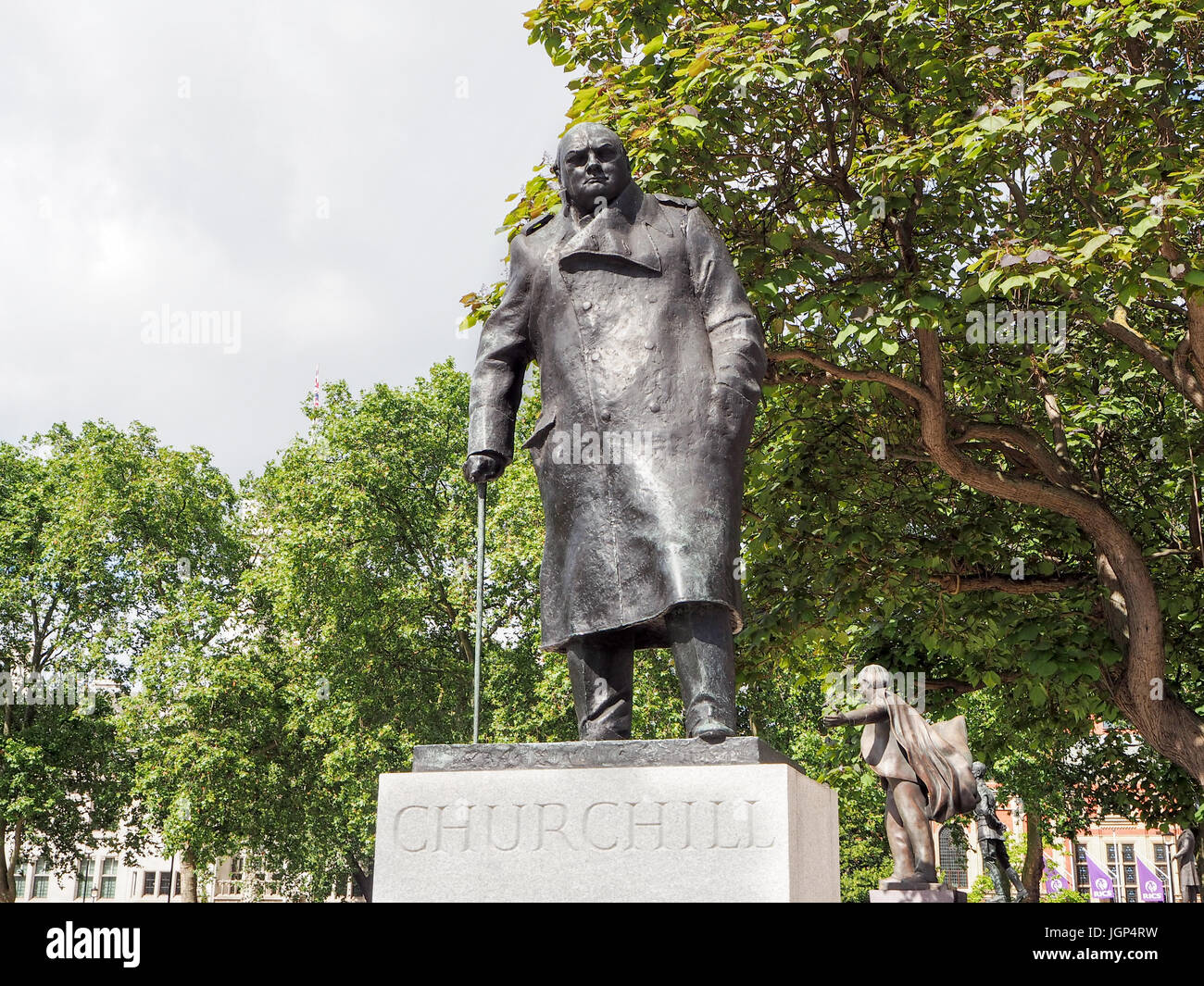 Winston Churchil statua, Londra, Gran Bretagna, Regno Unito, le case del parlamento di Westminster Foto Stock
