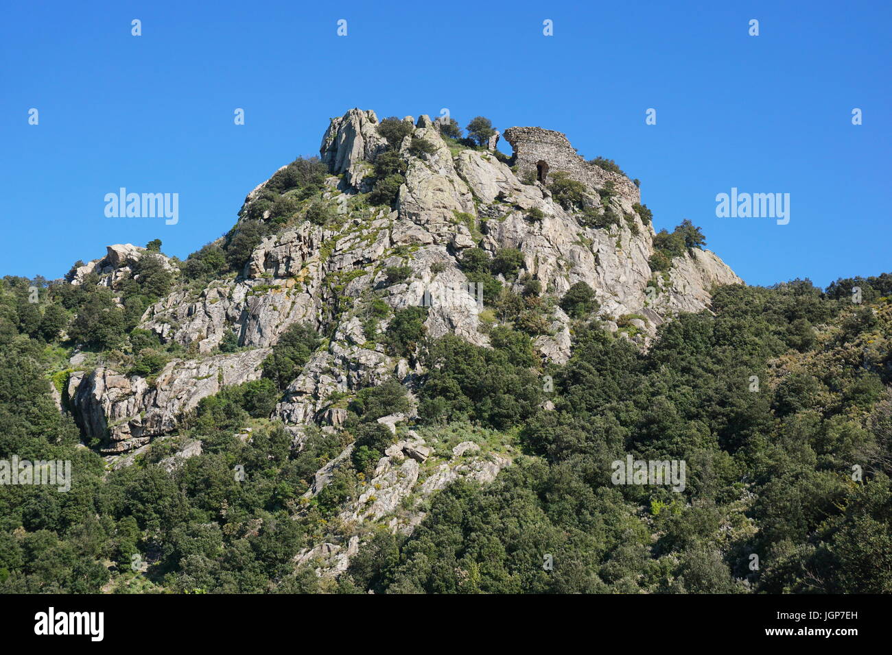 Le rovine del castello di Ultrera situato alla sommità di un ripido sperone roccioso del Massif des Alberes, Pirenei orientali, Roussillon, Francia Foto Stock