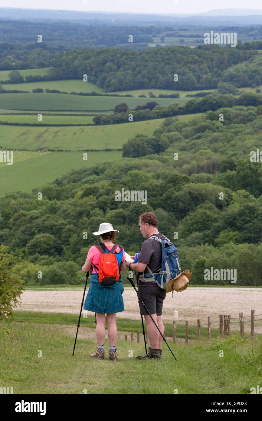 Walkers sul South Downs strada tra Harting Downs e Penna Hill, West Sussex, in Inghilterra, Regno Unito Foto Stock
