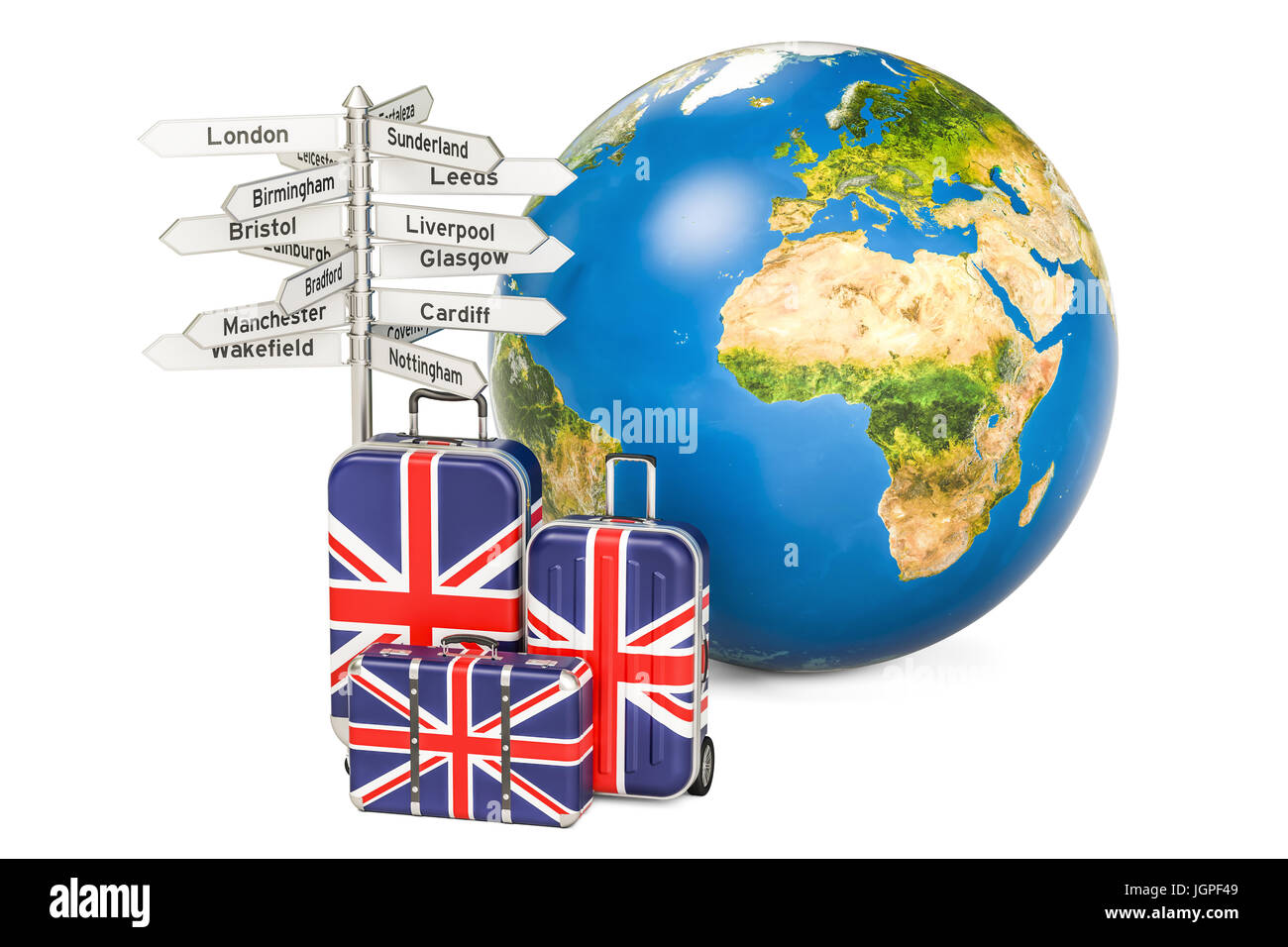 Regno Unito concetto di viaggio. Valigie con bandiera britannica, segnaletica e globo terrestre. Il rendering 3D Foto Stock