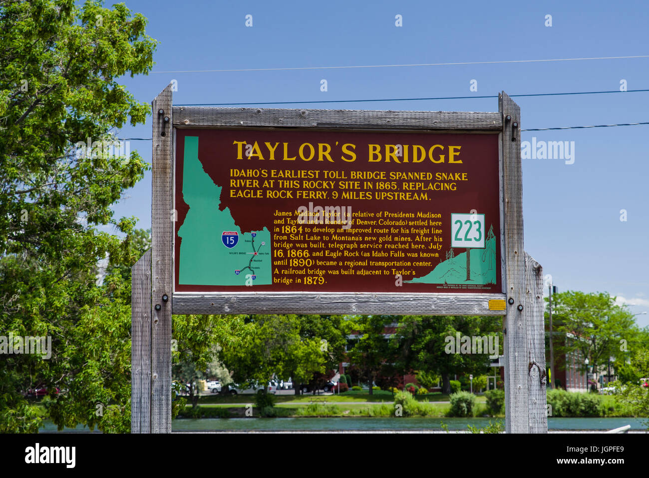 Segno storico per Taylor il ponte che attraversa il fiume Snake. Idaho Falls, Idaho Foto Stock