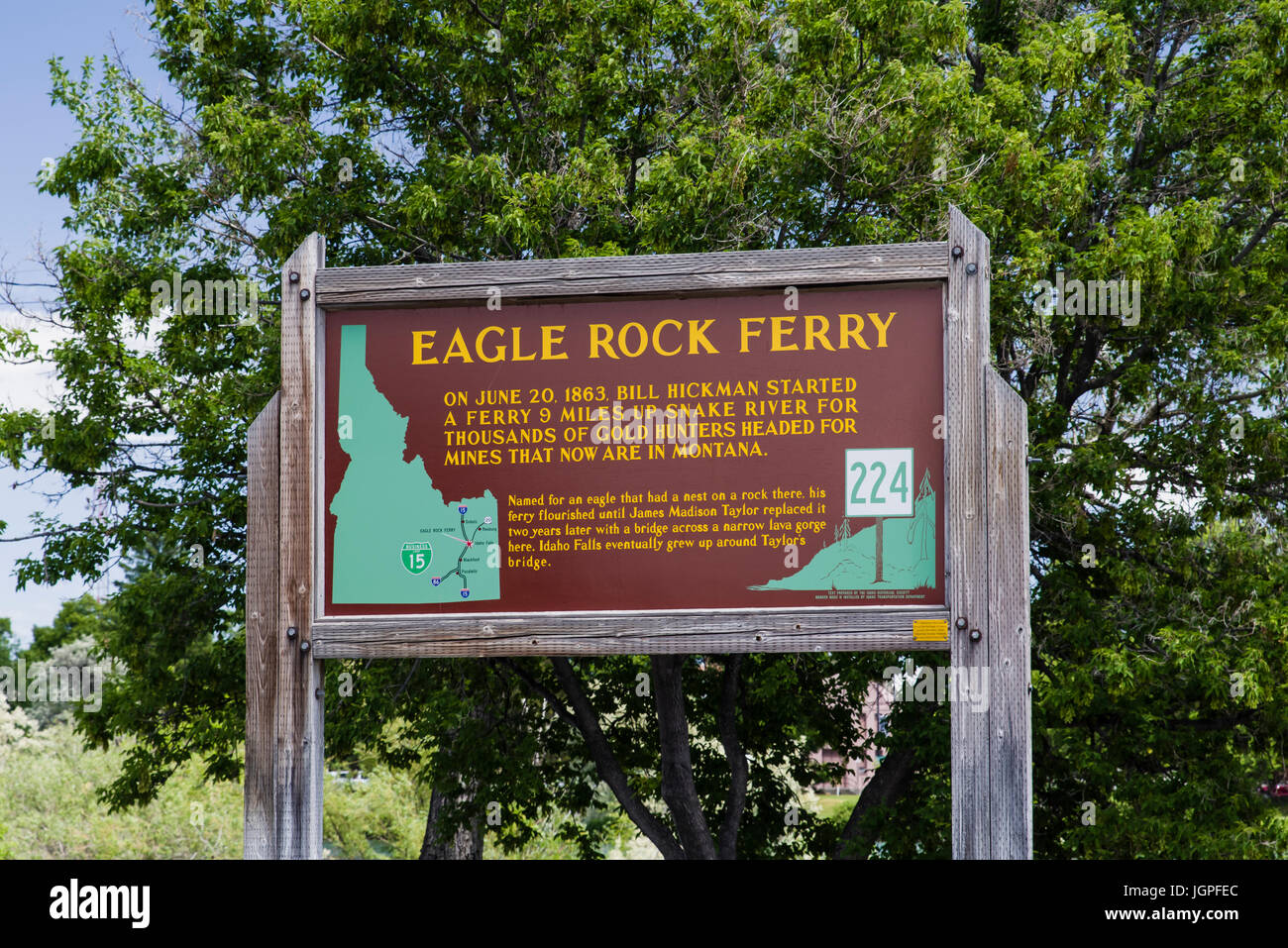 Segno storico per la Eagle Rock traghetto per attraversare il fiume Snake. Idaho Falls, Idaho Foto Stock