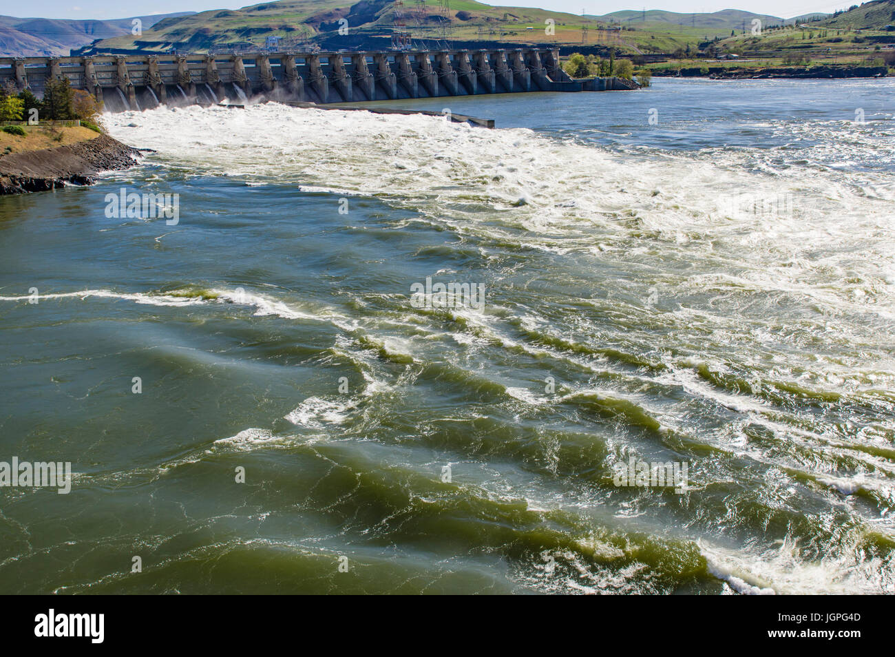 Il Dalles diga sul fiume Columbia produce energia idroelettrica. Il Dalles, Oregon Foto Stock