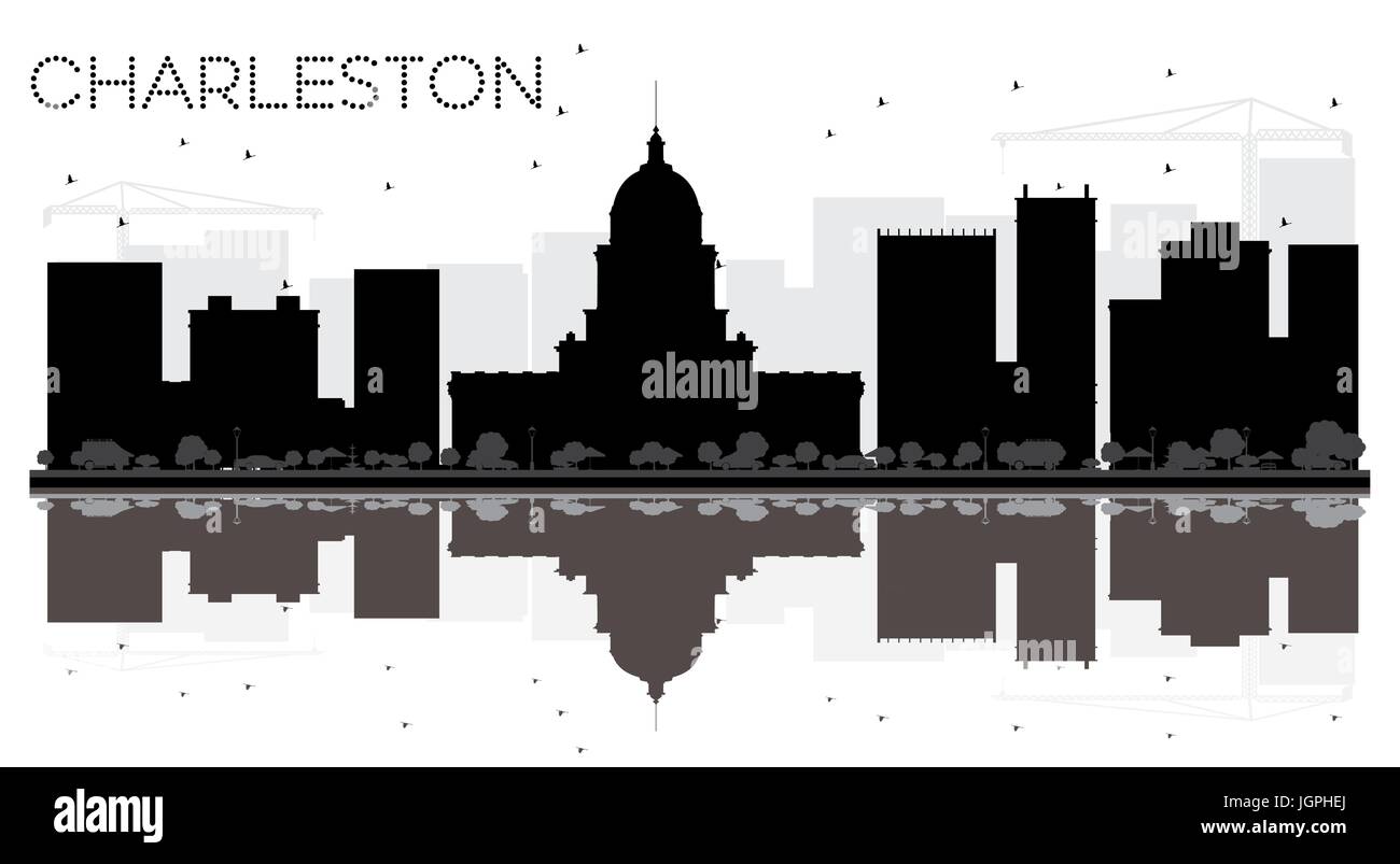 Charleston skyline della città in bianco e nero con silhouette riflessioni. illustrazione vettoriale. cityscape con punti di riferimento. Illustrazione Vettoriale