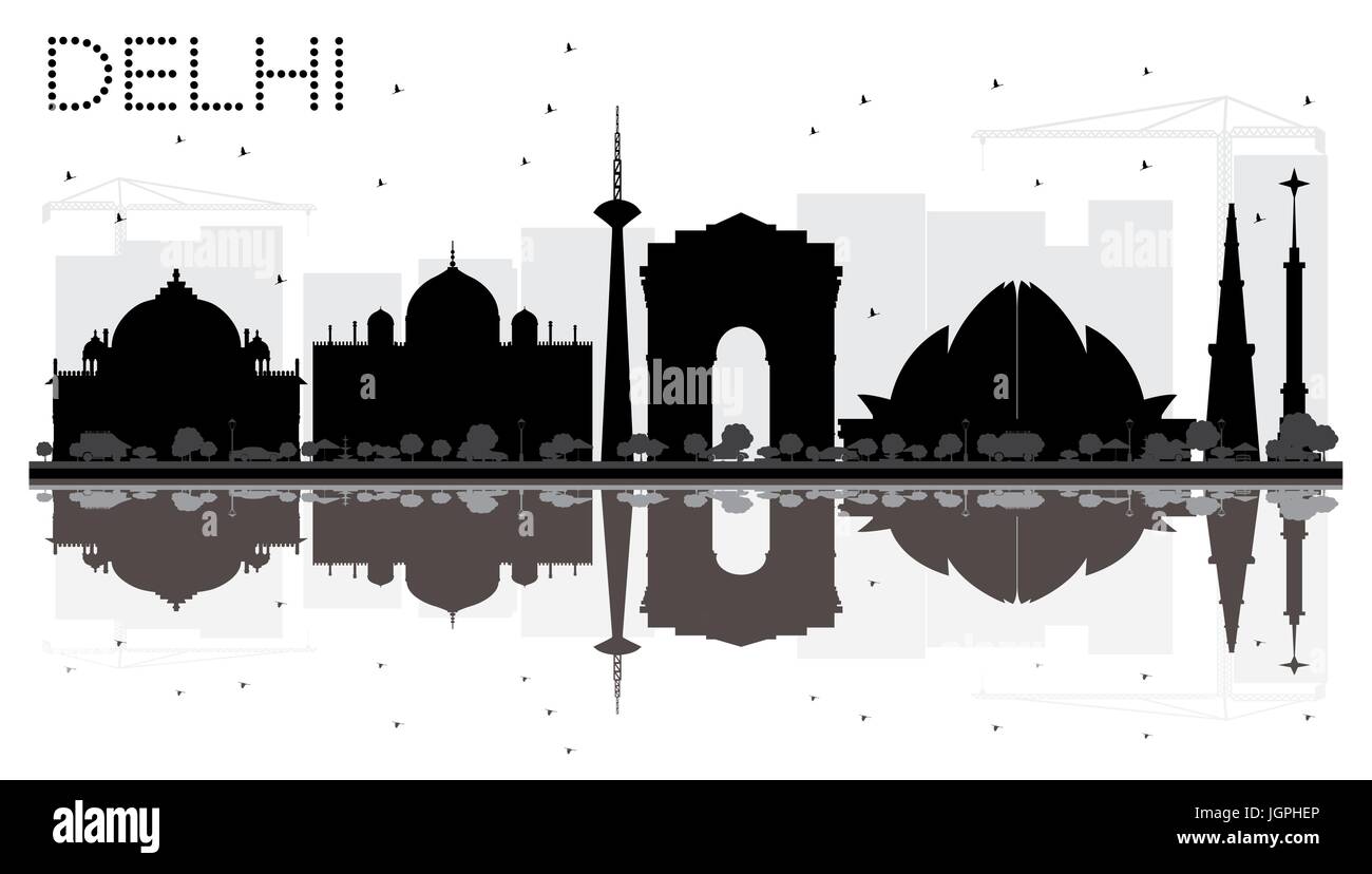 Delhi skyline della città in bianco e nero con silhouette riflessioni. illustrazione vettoriale. cityscape con punti di riferimento. Illustrazione Vettoriale