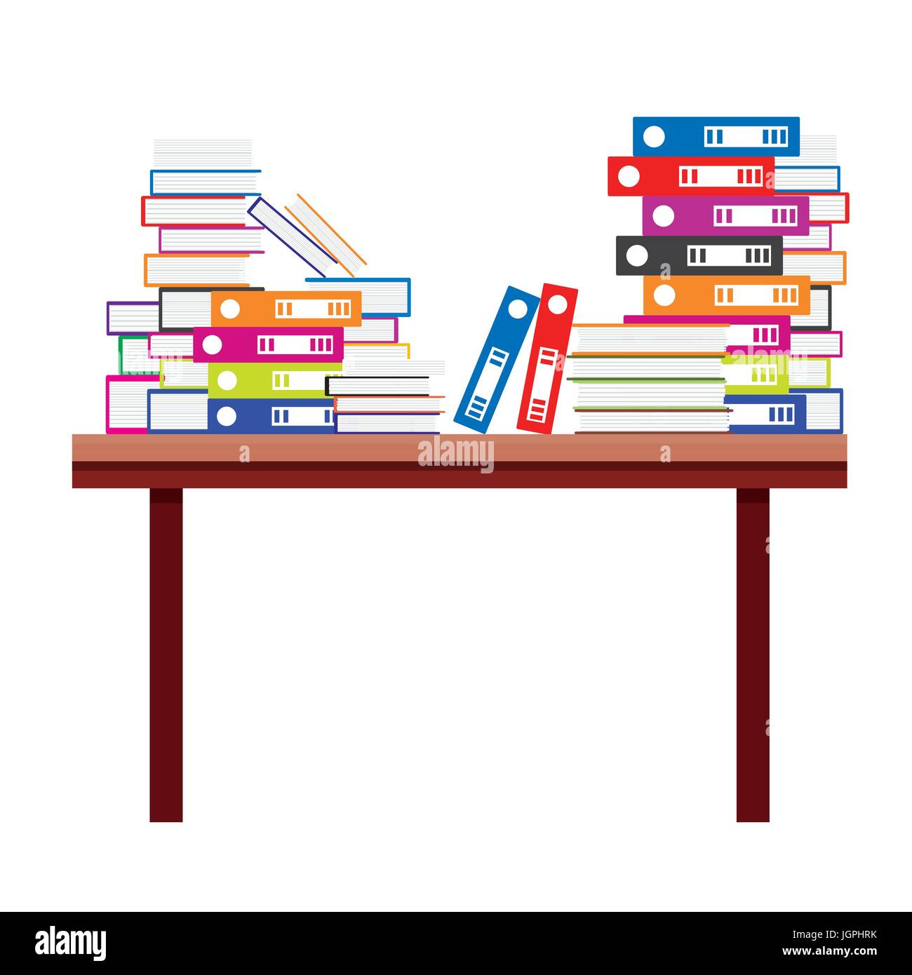 Pila di libri e documenti nelle cartelle di file su di un tavolo di legno. Illustrazione Vettoriale. Illustrazione Vettoriale