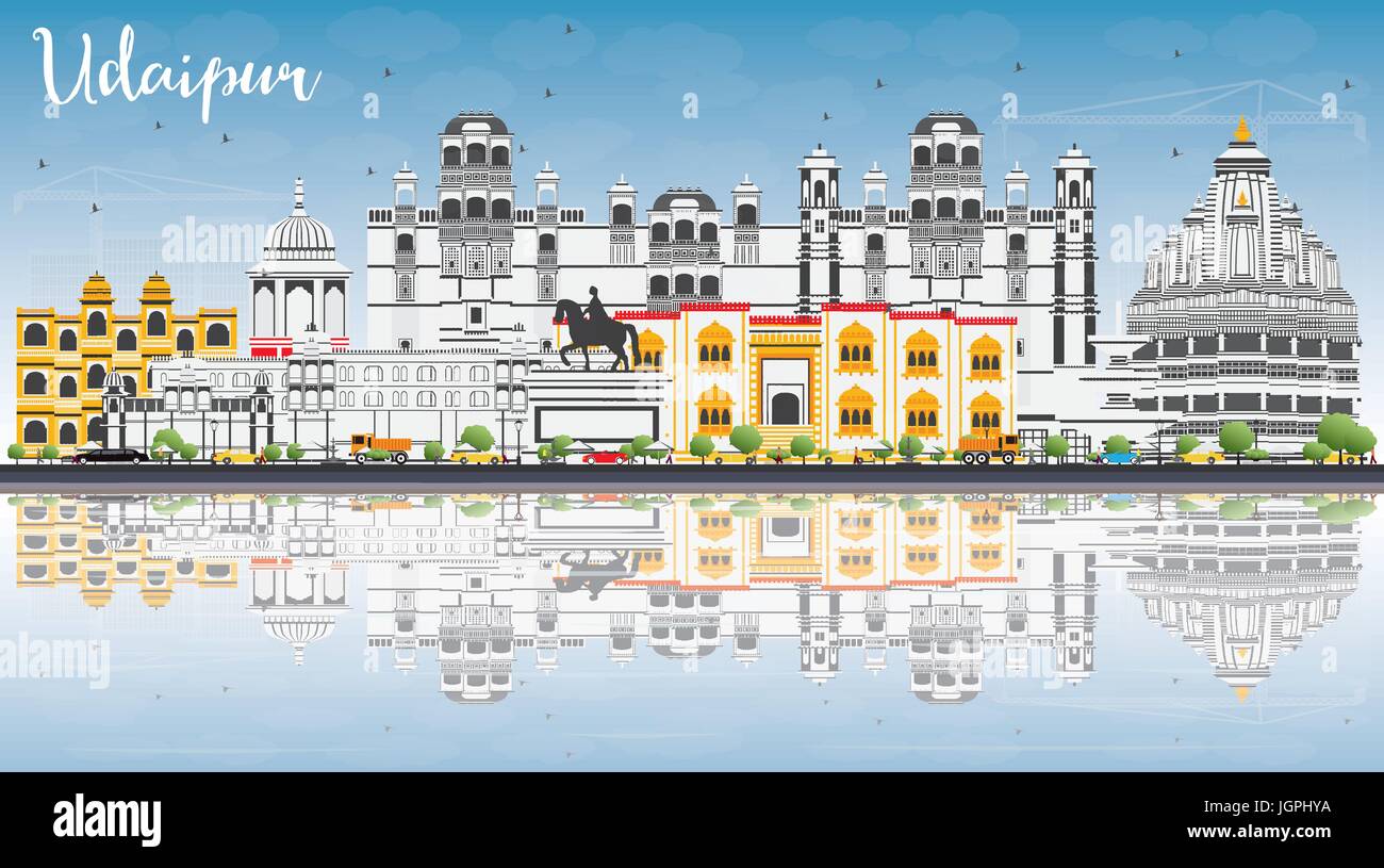 Udaipur skyline con edifici di colore, cielo blu e riflessi. illustrazione vettoriale. viaggi di affari e di turismo con il concetto di architettura storica. Illustrazione Vettoriale