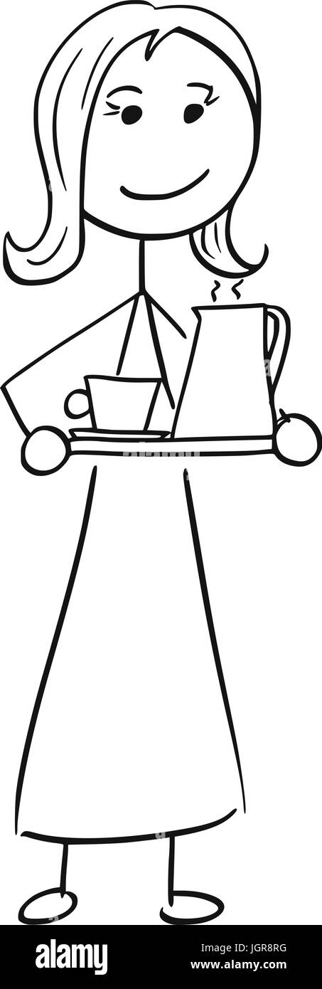 Vettore di Cartoon stick uomo stickman disegno di donna donna segretario assistente che tiene la piastra del vassoio con tè del caffè mug e bollitore Illustrazione Vettoriale