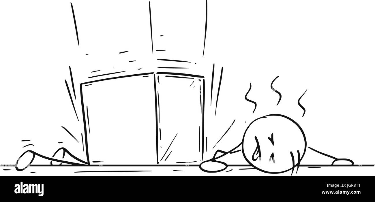 Vettore di Cartoon stick uomo stickman di disegno di un uomo che è stato colpito feriti uccisi da grandi box carta caduta, gli infortuni sul lavoro Illustrazione Vettoriale