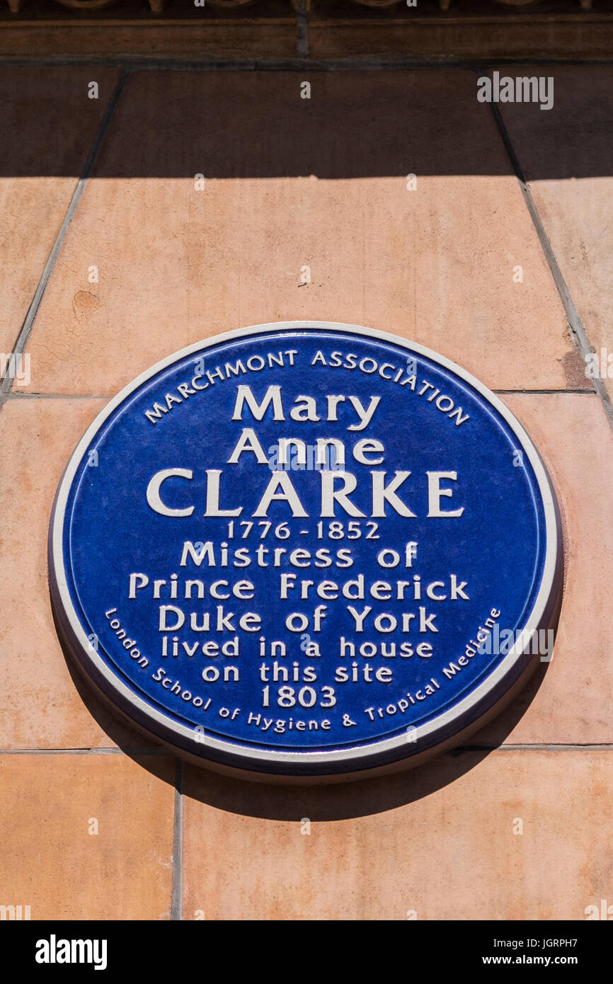 Mary Anne Clarke padrona del Principe Federico Duca di York targa blu su Tavistock Place, London, England, Regno Unito Foto Stock