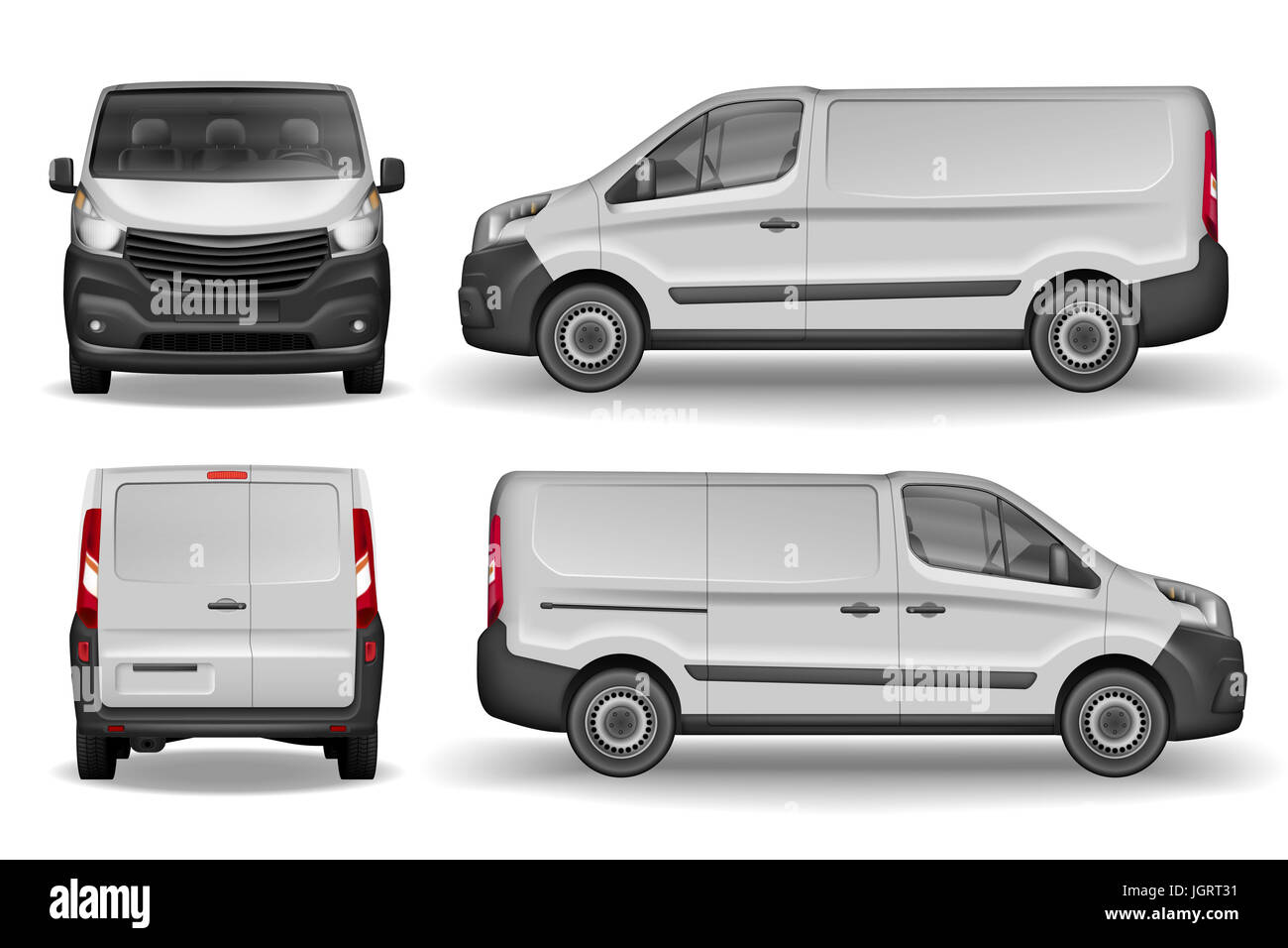 Consegna merci Van template vettoriale. Bianco realistico Minivan Cargo isolato su sfondo bianco. Facile modifica formato Foto Stock