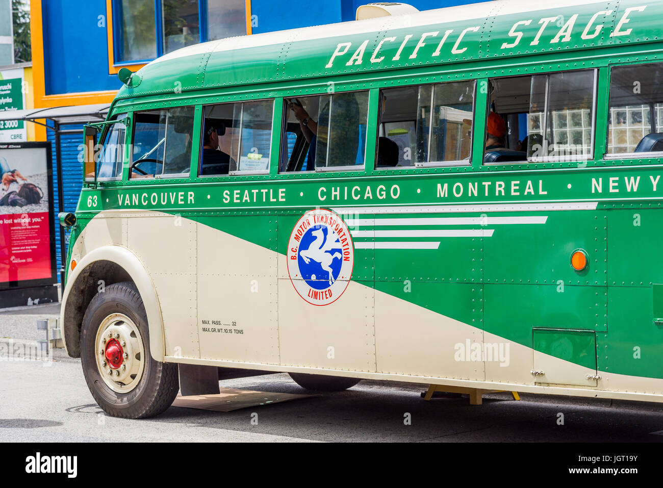 Vintage pacifico linee stadio Hayes la Lacrima Bus, La Giornata senza automobili, Unità commerciale, Vancouver, British Columbia, Canada. Foto Stock