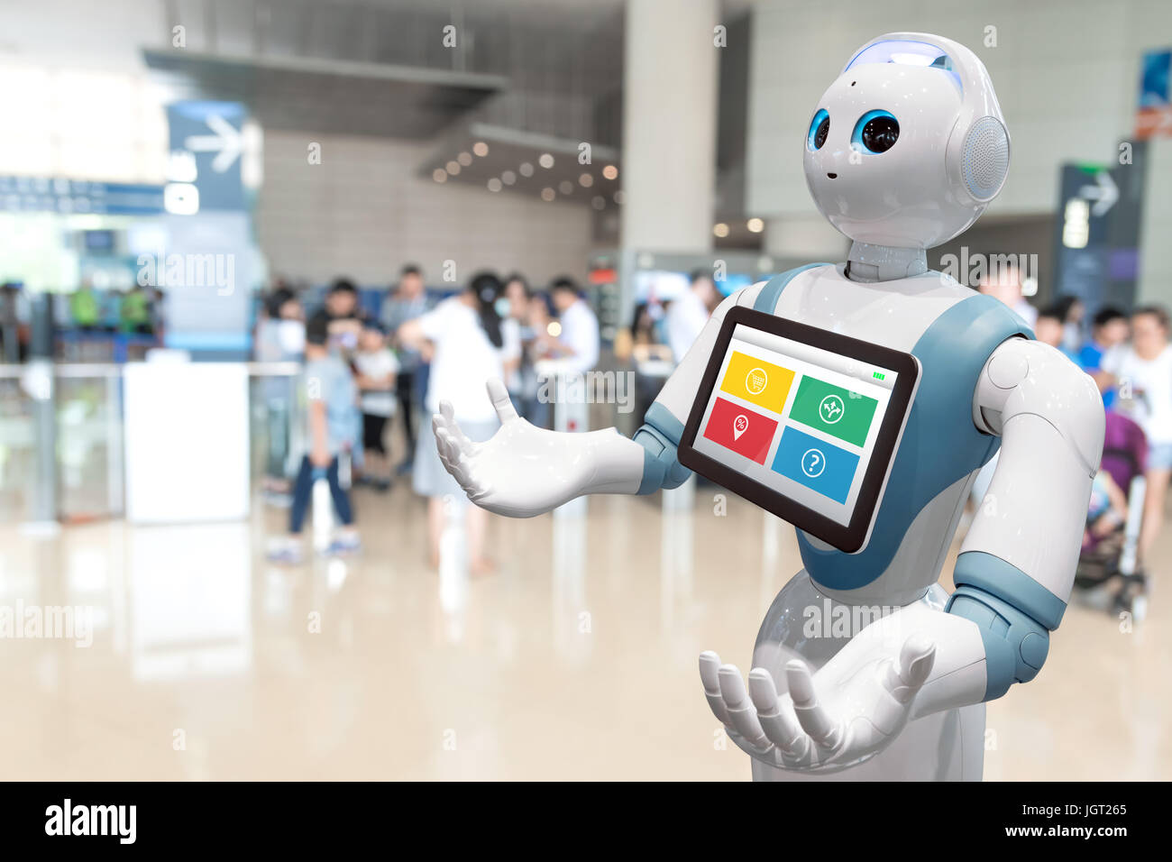 Robotics Tecnologia Tendenze concetto aziendale. Autonomo assistente personale robot per la direzione di navigazione e gli elementi in museo la sfocatura dello sfondo. Foto Stock