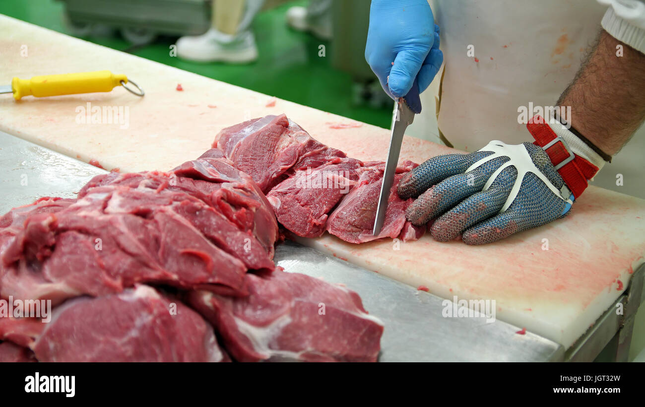 Crudo fresco costolette di maiale nella fabbrica di carne. Trasformazione della carne nel settore alimentare. Foto Stock