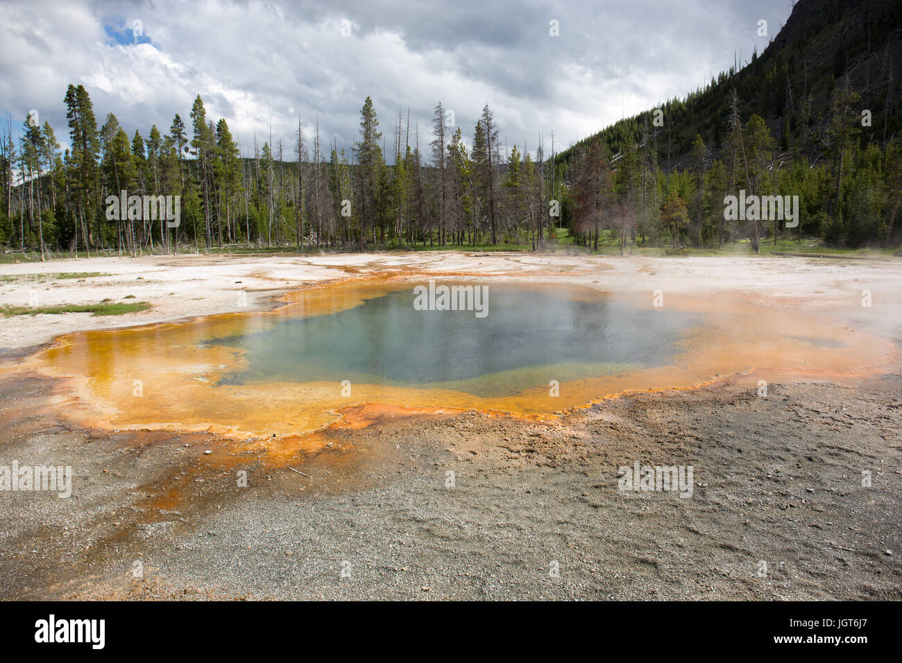 Piscina smeraldo in sabbia nera bacino, Upper Geyser Basin, il Parco Nazionale di Yellowstone Foto Stock