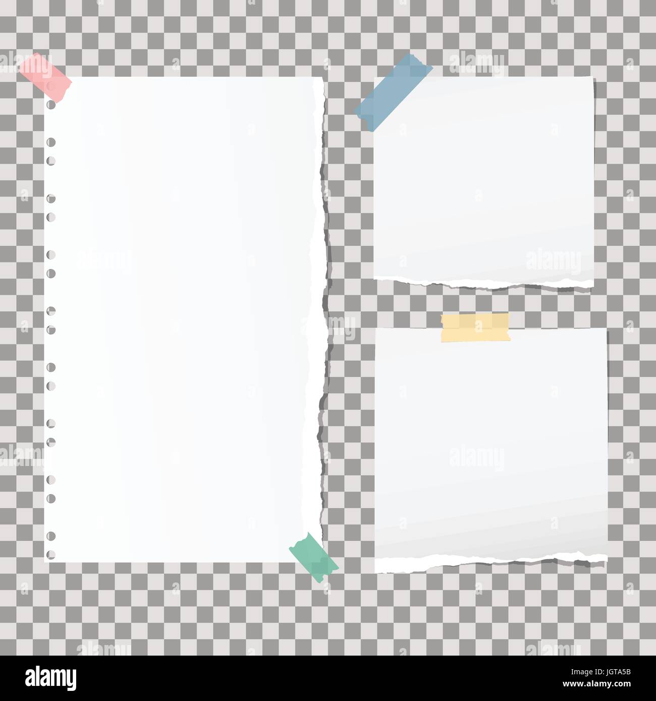 Nota bianco, notebook, copybook strisce di carta bloccata con colorati nastro adesivo sul quadrato grigio Sfondo. Illustrazione Vettoriale
