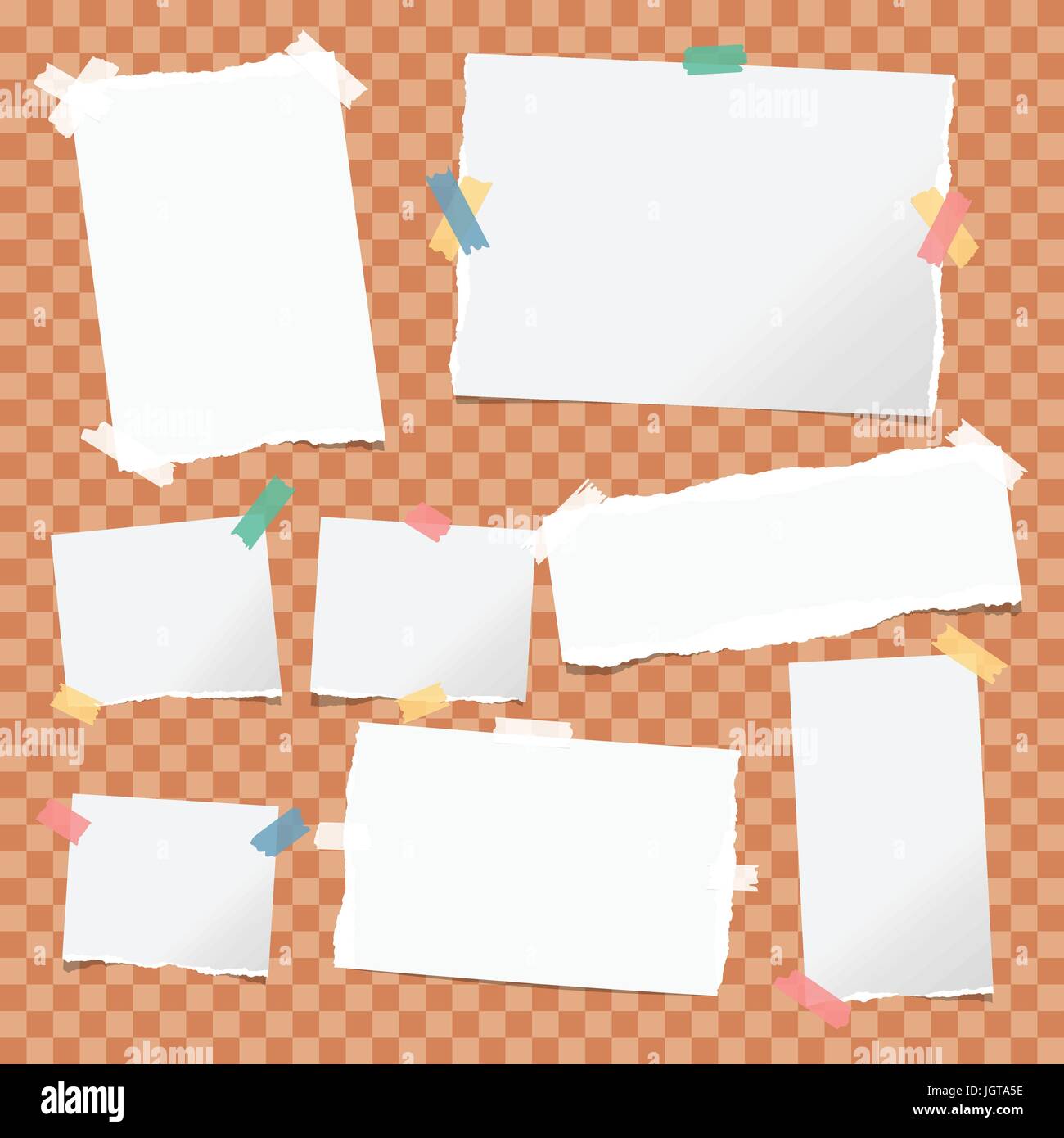 Nota bianco, notebook, copybook strisce di carta bloccata con colorati nastro adesivo arancione su sfondo quadrato. Illustrazione Vettoriale
