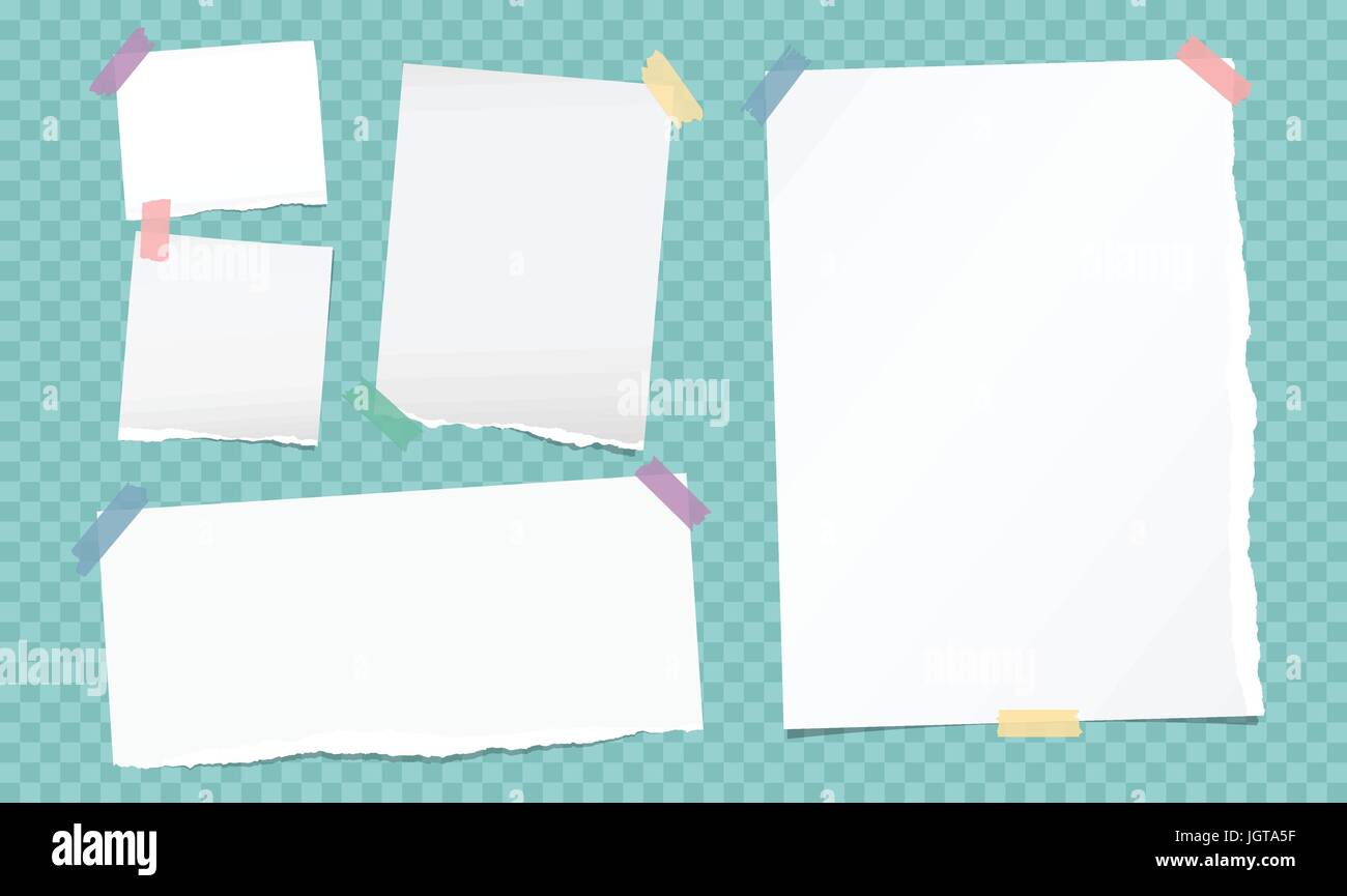 Nota bianco, notebook, copybook strisce di carta bloccata con colorati nastro adesivo sul turchese sfondo squadrato. Illustrazione Vettoriale