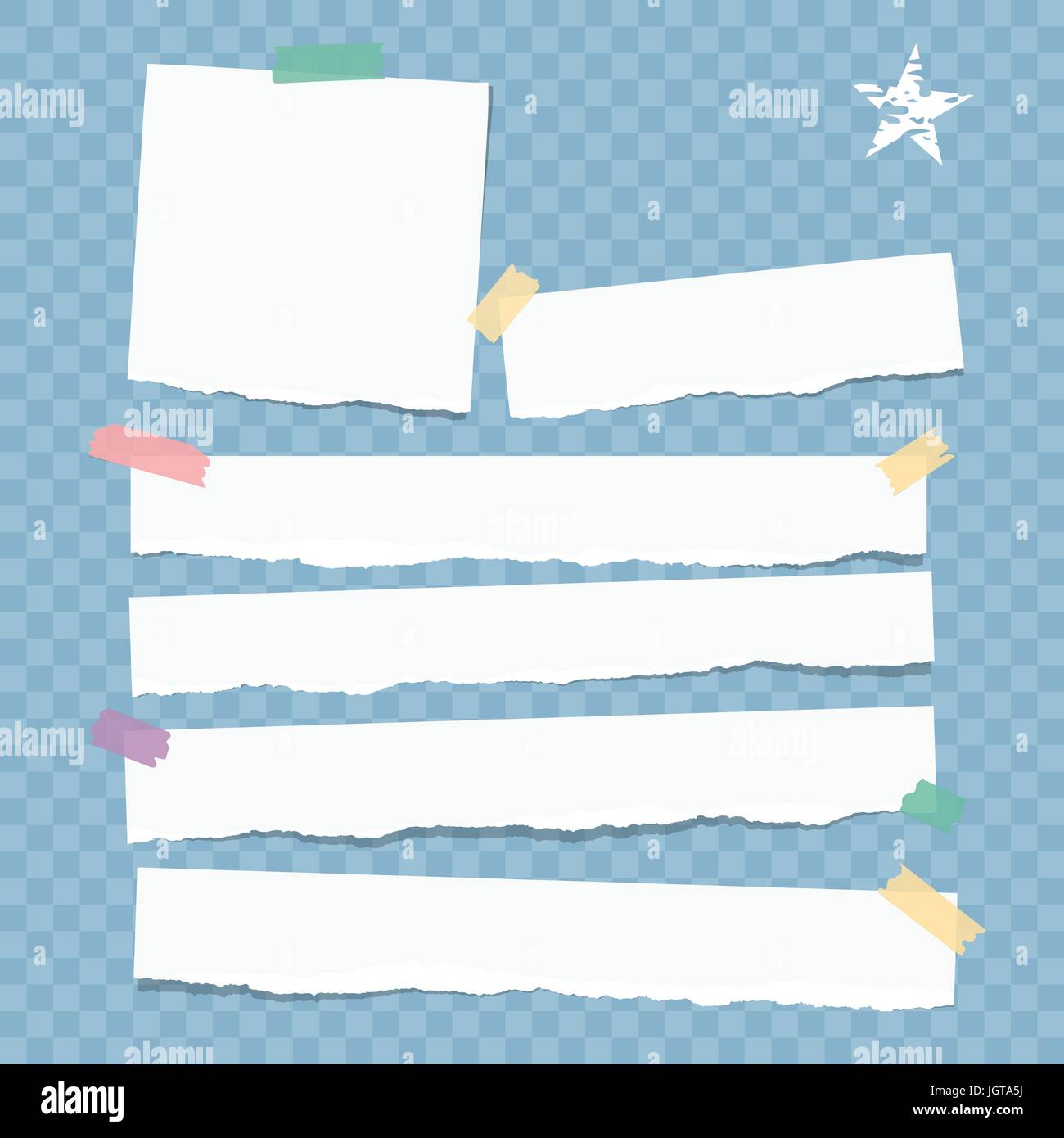 Nota bianco, notebook, copybook strisce di carta bloccata con colorati nastro adesivo blu su sfondo quadrato. Illustrazione Vettoriale