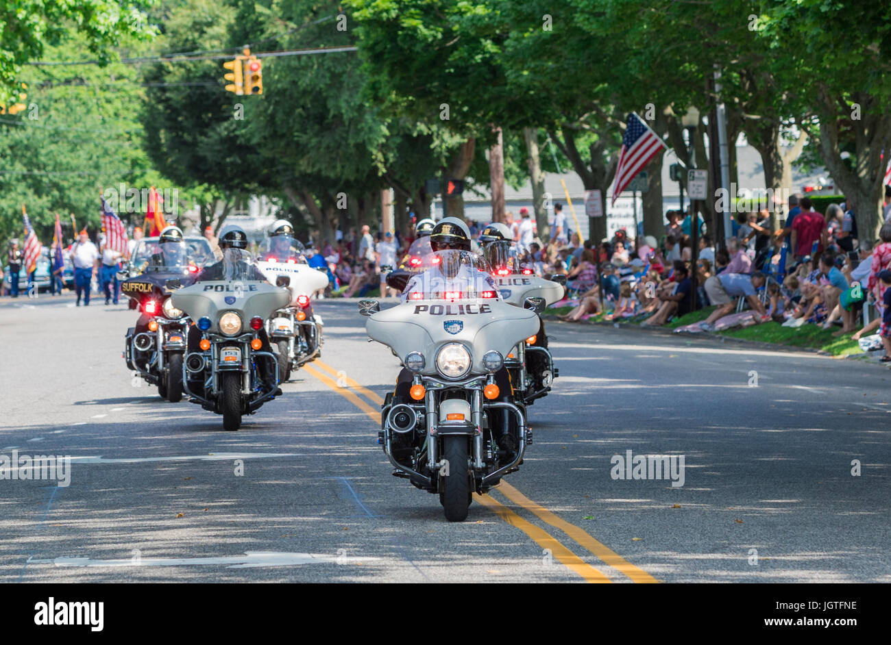 Motocicletta di polizia in Southampton, NY parade Foto Stock