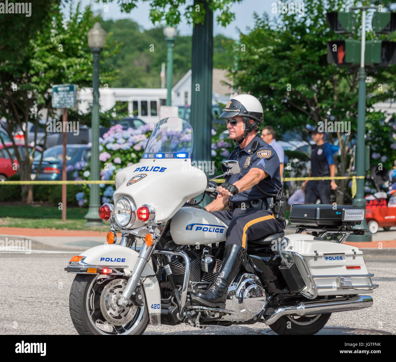 Motocicletta di polizia in Southampton, NY parade Foto Stock