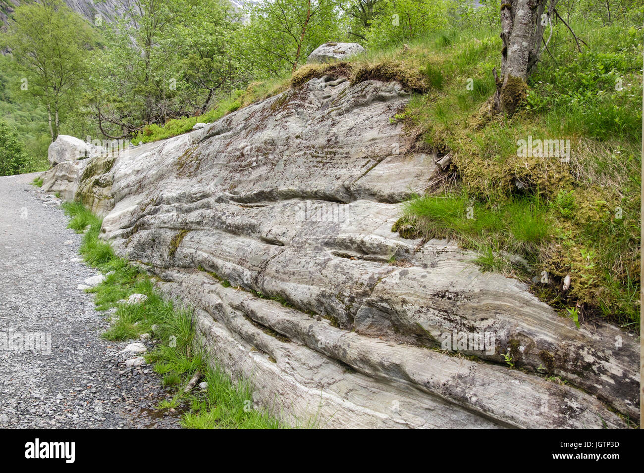 Graffi orizzontali linee o striature calibrati in rock di sfuggente Ghiacciaio Briksdal in Briksdalen o Briks valley. Jostedalsbreen National Park, Norvegia Foto Stock