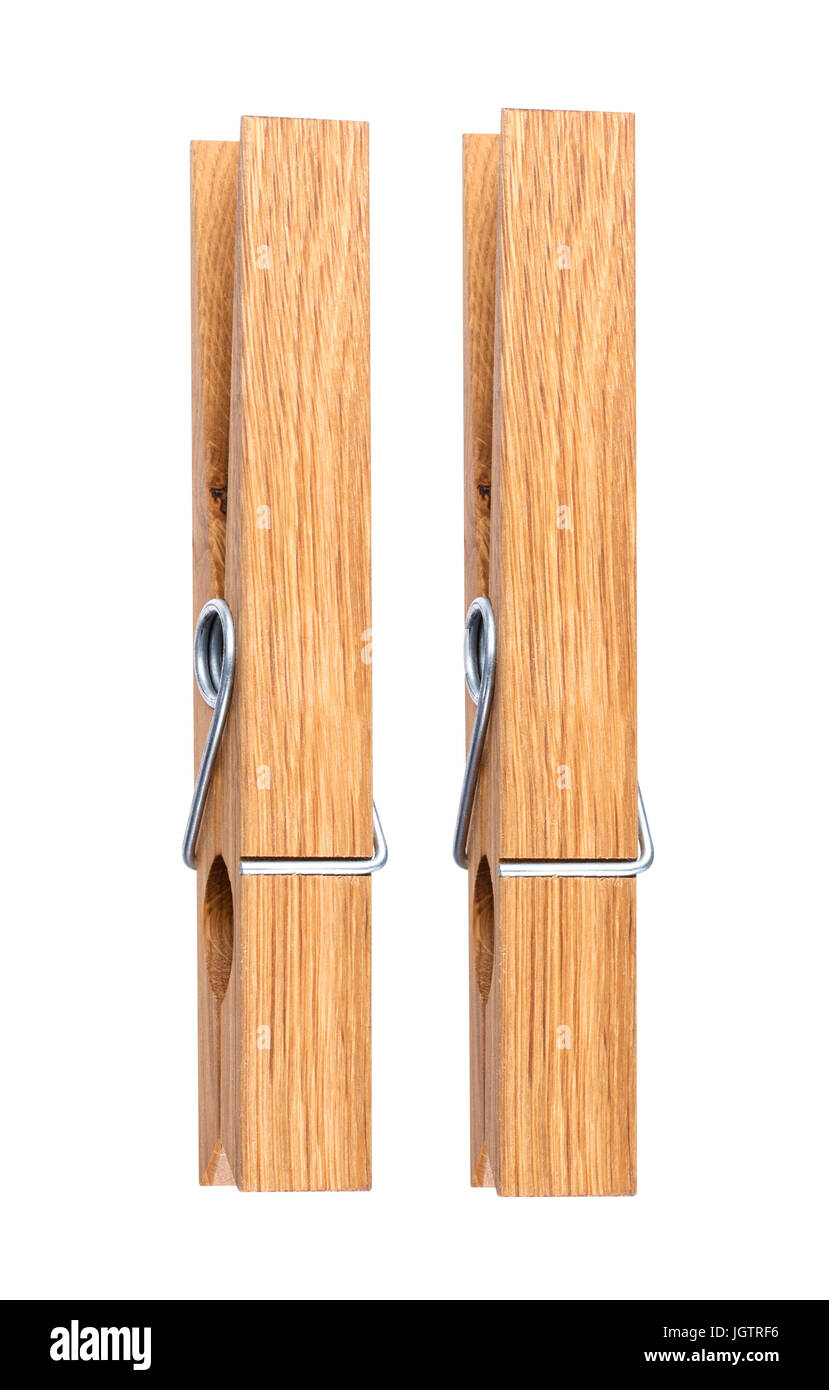 Clothespins in legno isolato su bianco Foto Stock
