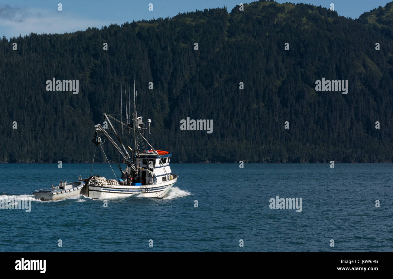 Un Alaskan fishing boat sails intorno a un'isola in Prince William Sound sulla strada per la baia di Alaska e la pesca motivi. Foto Stock