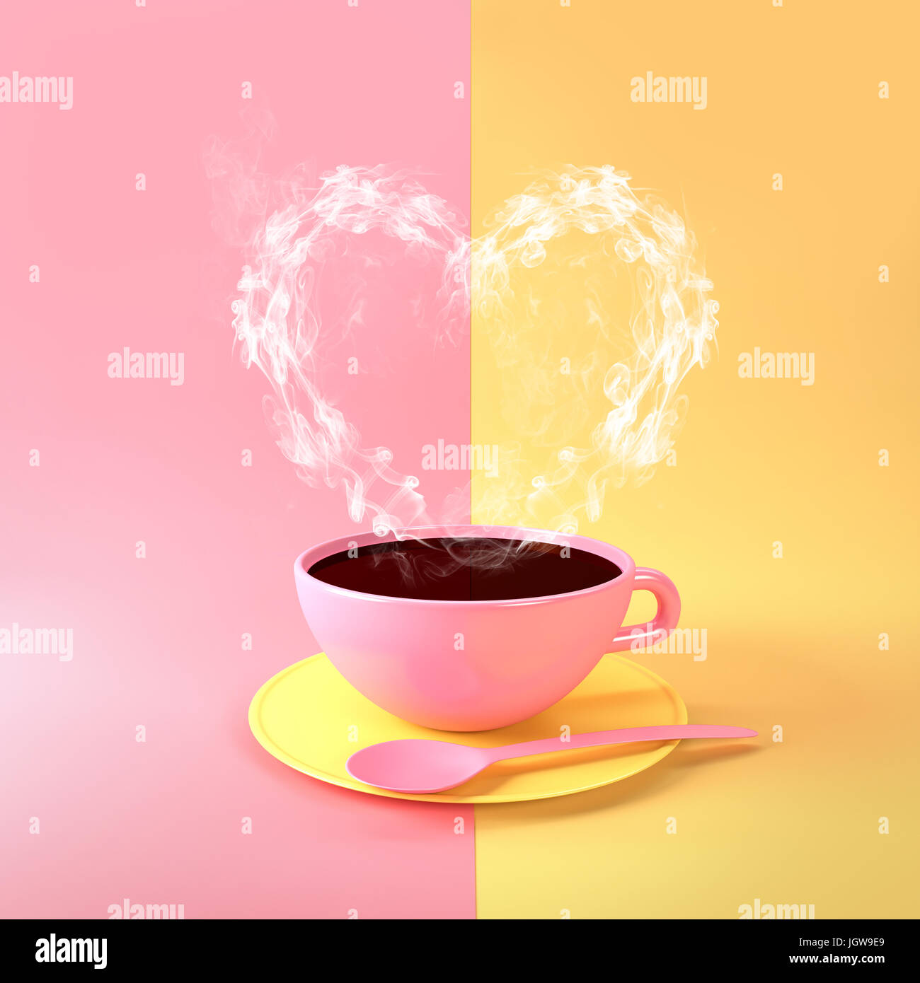 Piace il caffè. A forma di cuore in aumento di vapore da una tazza di caffè caldo in pastello, rosa e giallo. 3D illustrazione Foto Stock