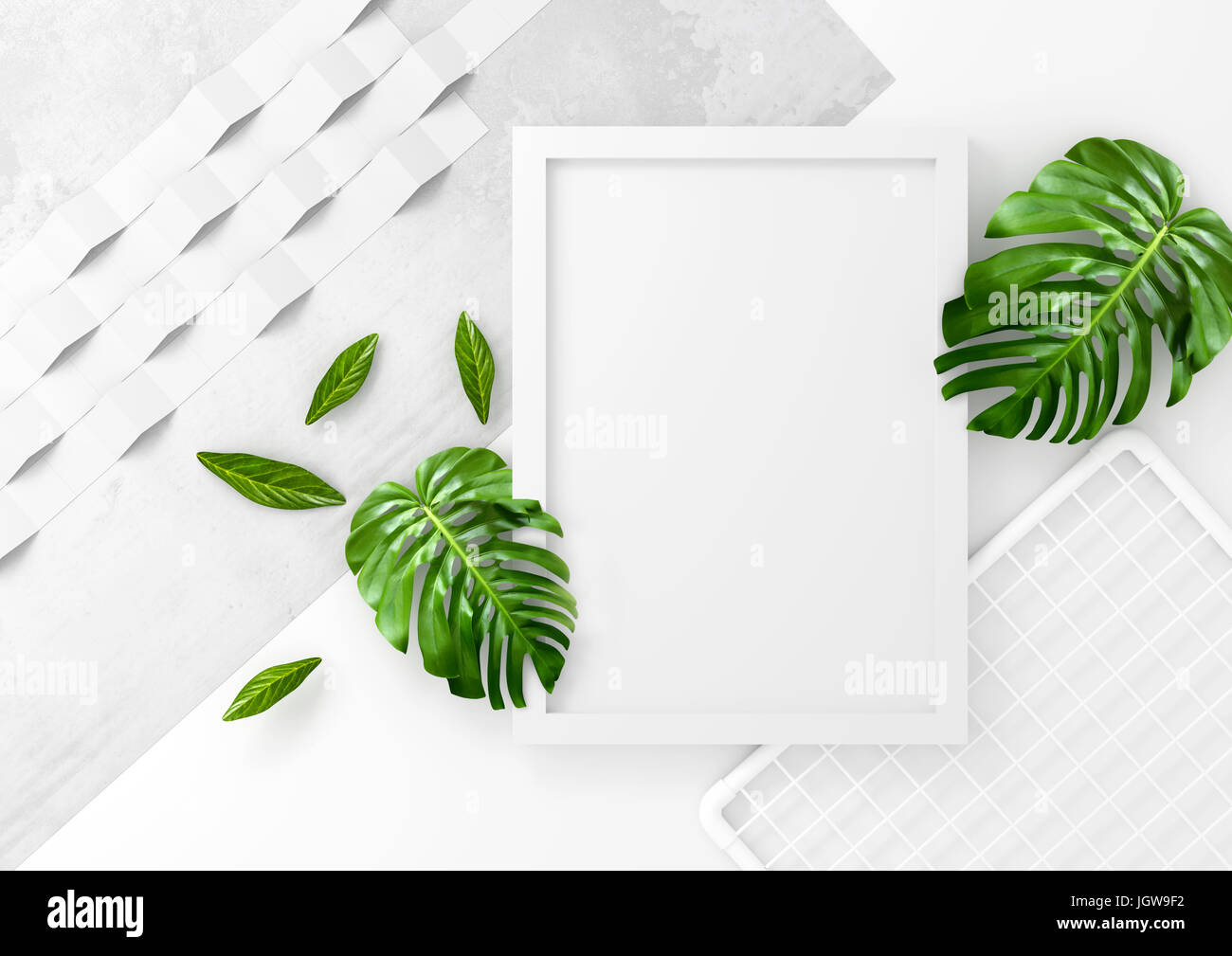 Pulire e il minimo spazio pubblicitario con un bianco photo frame e foglie verdi. 3D render illustrazione. Foto Stock
