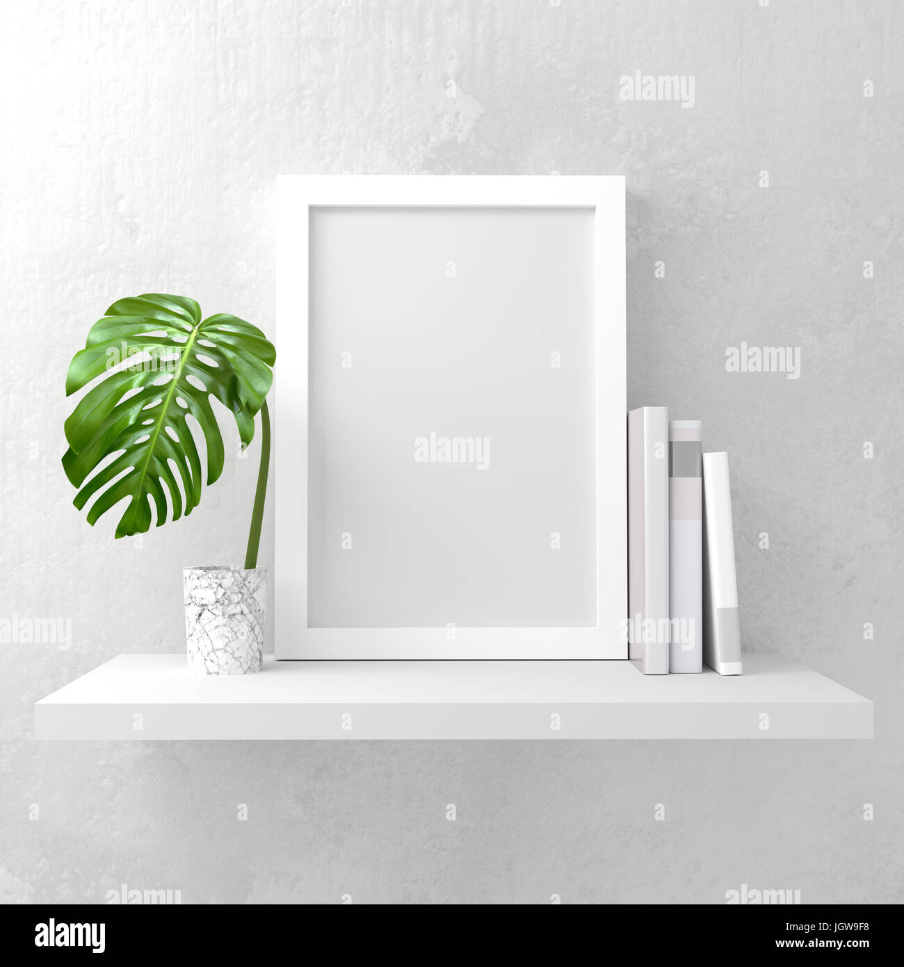 Una cornice fotografica mock up su un ripiano bianco. Pulire e dal design minimale. 3D render illustrazione Foto Stock