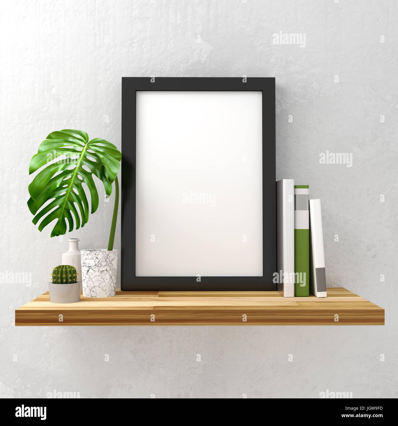 Nero photo frame mock up su un ripiano di legno con decorazioni. 3D render illustrazione. Foto Stock