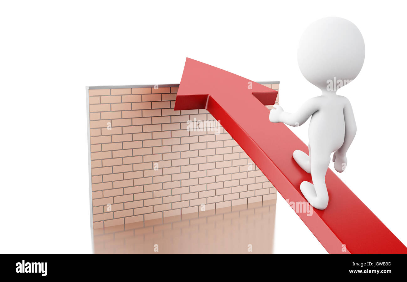 3d'illustrazione. La gente bianca sulla freccia superare un muro di mattoni. Successo nel business del concetto. Isolato sfondo bianco Foto Stock